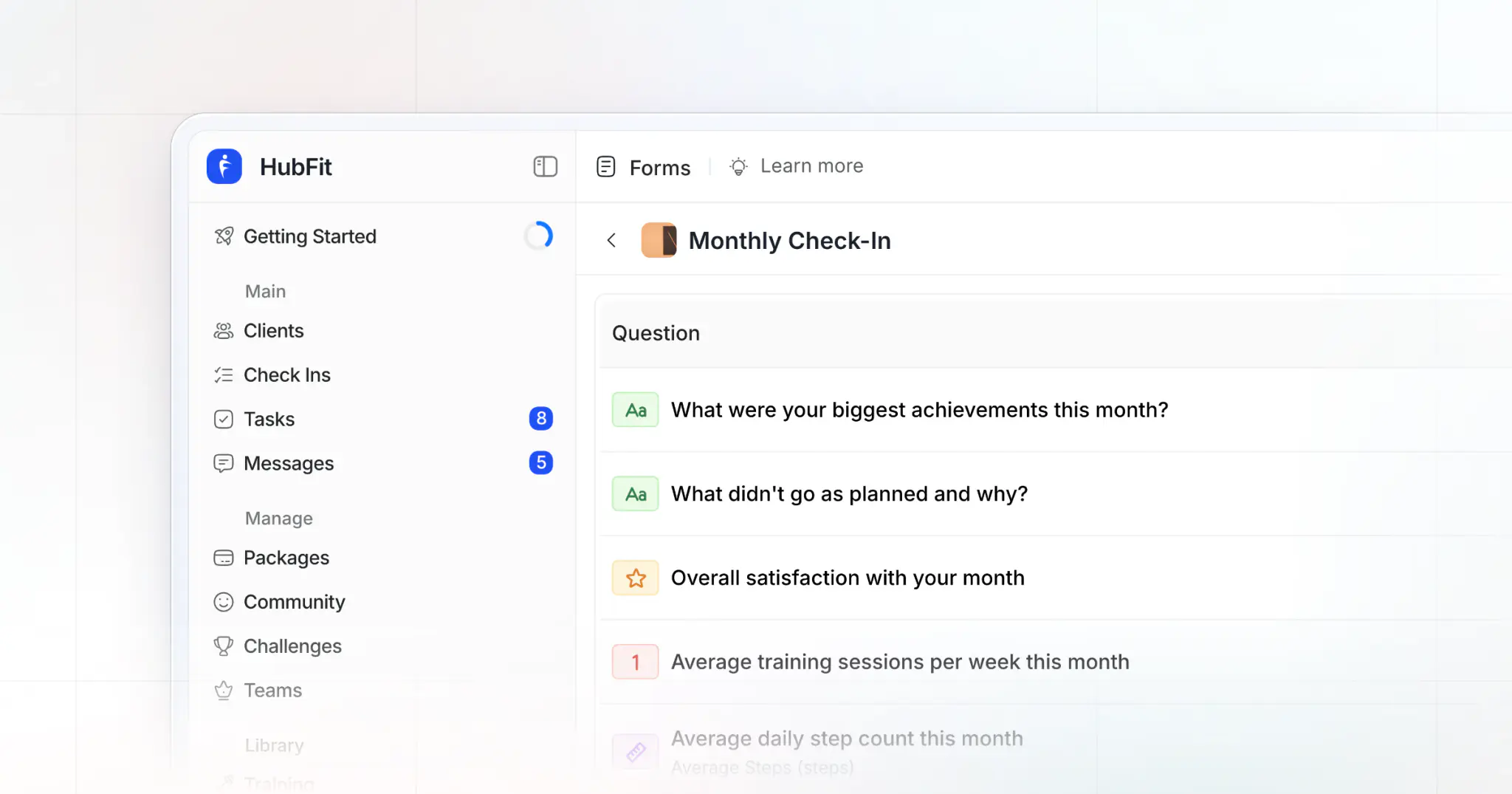 A weekly check-in form in HubFit's form builder on the web, its questions listed with their answer types