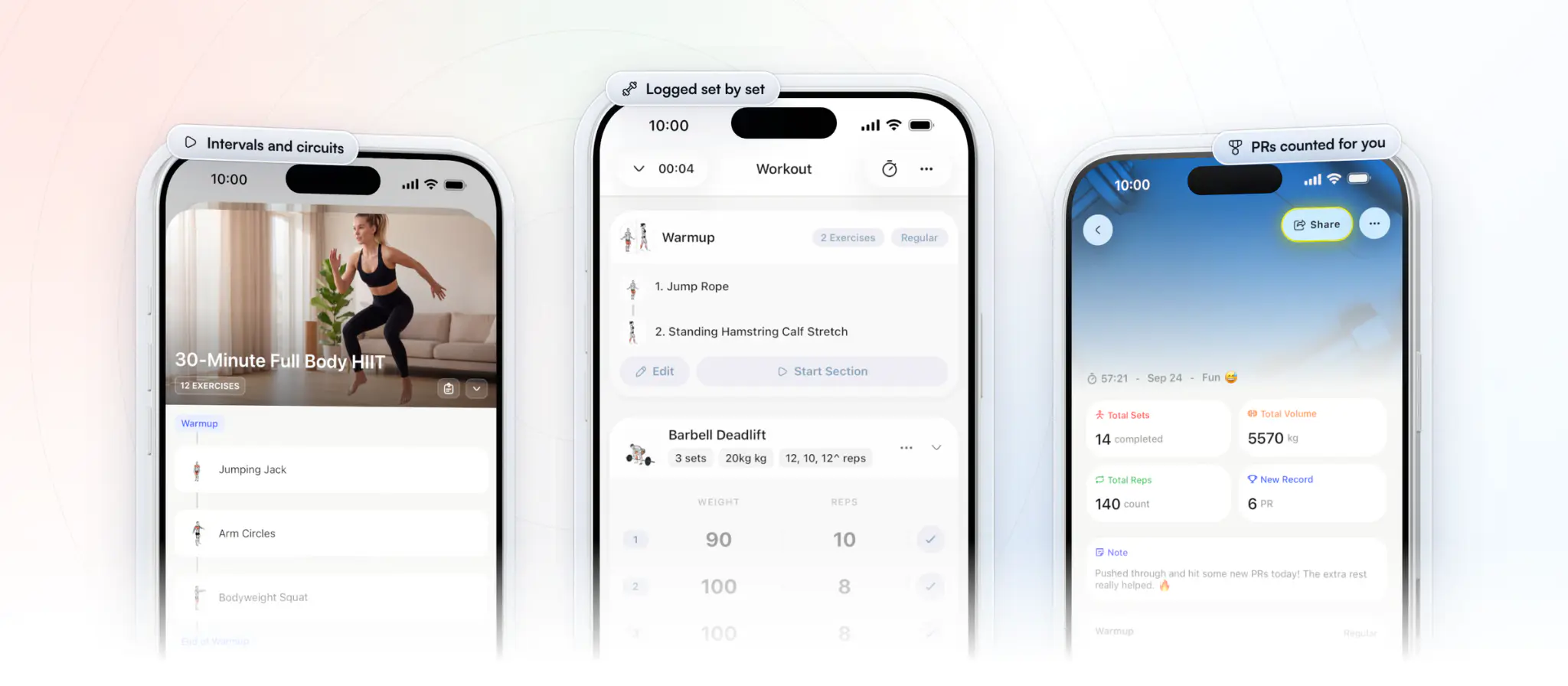Three iPhones in the client app: a 30-Minute Full Body HIIT workout with its warm-up and HIIT circuit, a strength workout logged set by set with each set's weight and reps, and a finished workout with 14 sets, 5,570 kg of volume and 6 new PRs