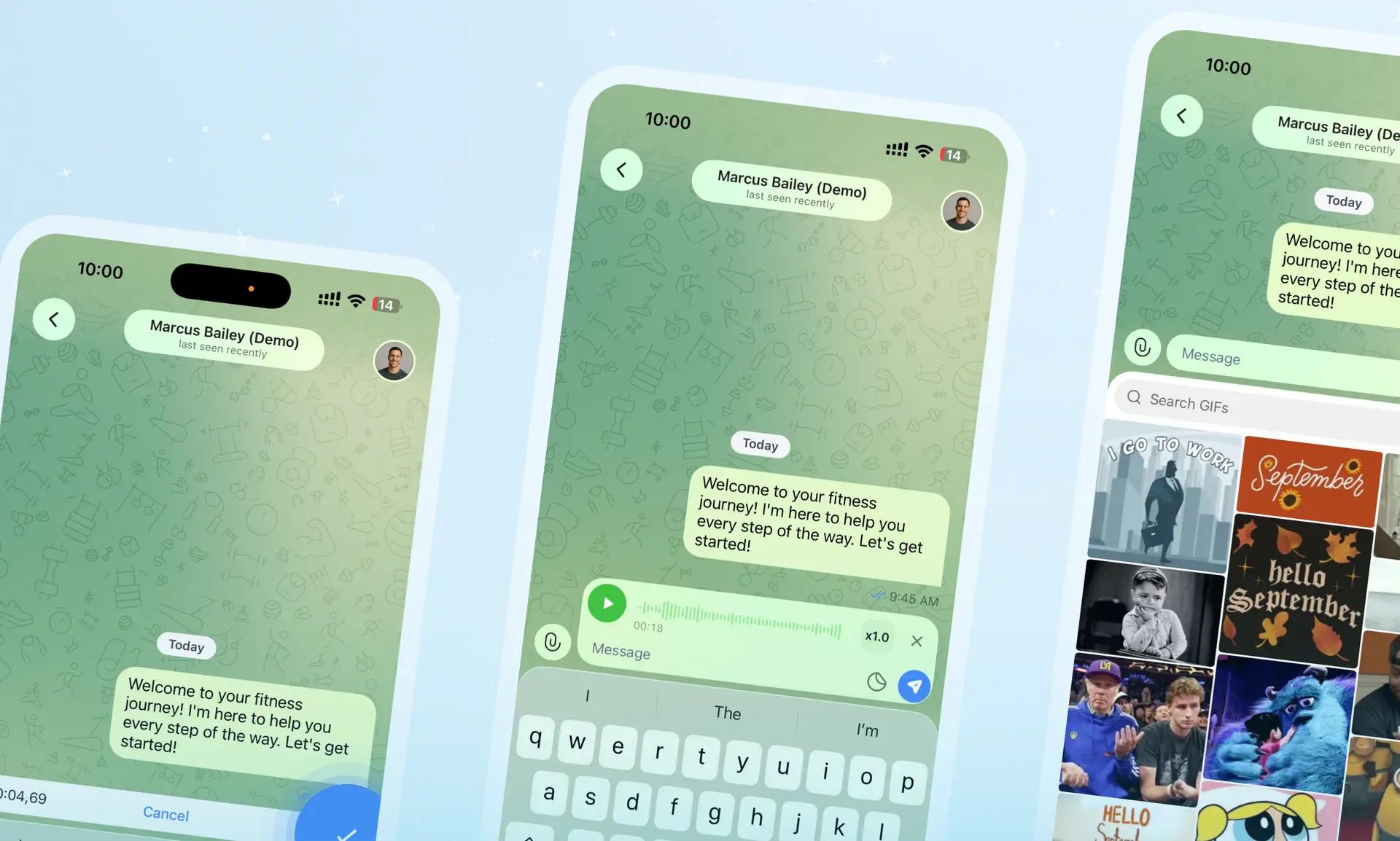 The rebuilt messaging experience — new chat design, voice note recording and playback, and GIF search