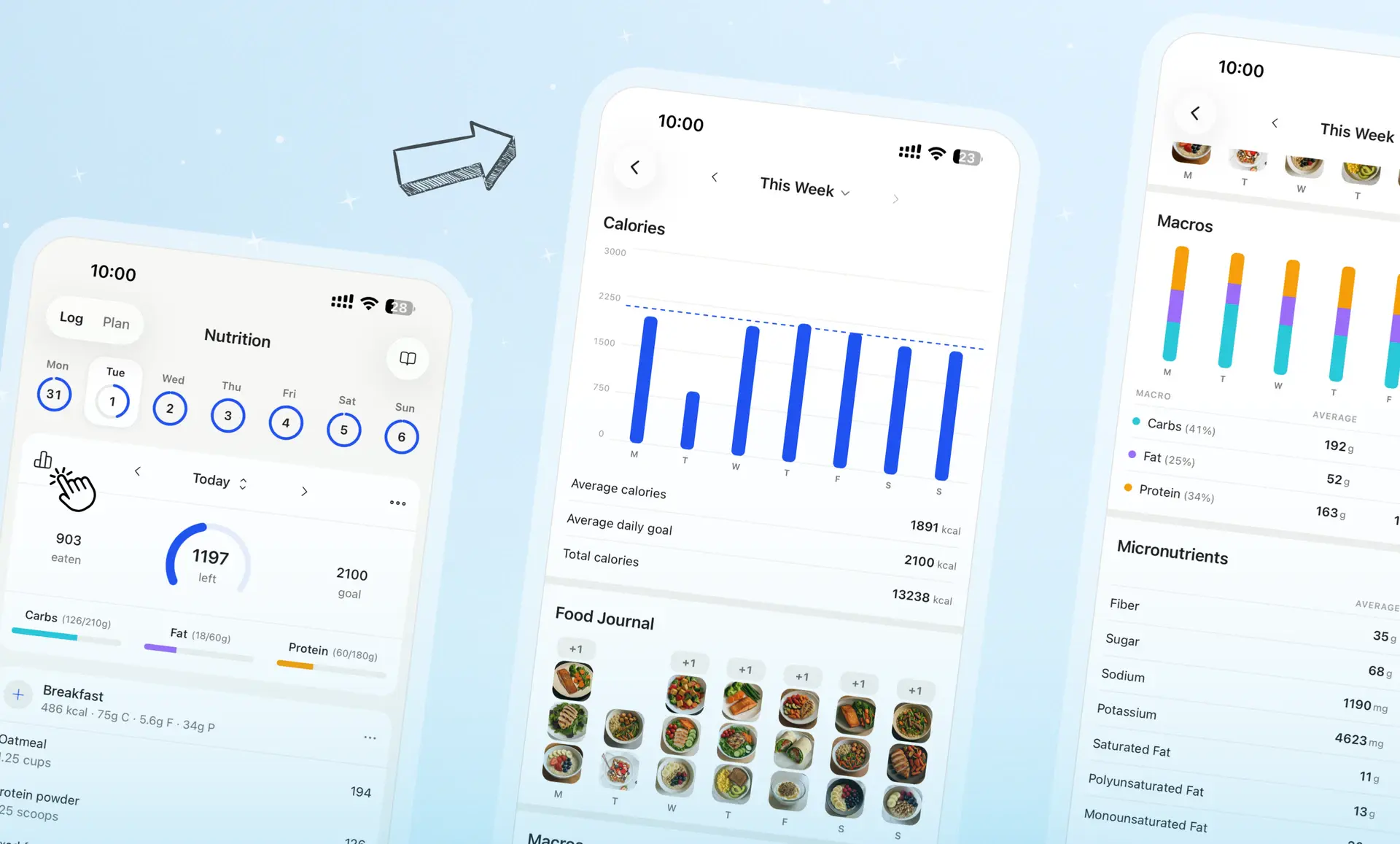 The rebuilt nutrition tracker and the new nutrition breakdown — weekly calories, food journal photos, macro split, and micronutrients