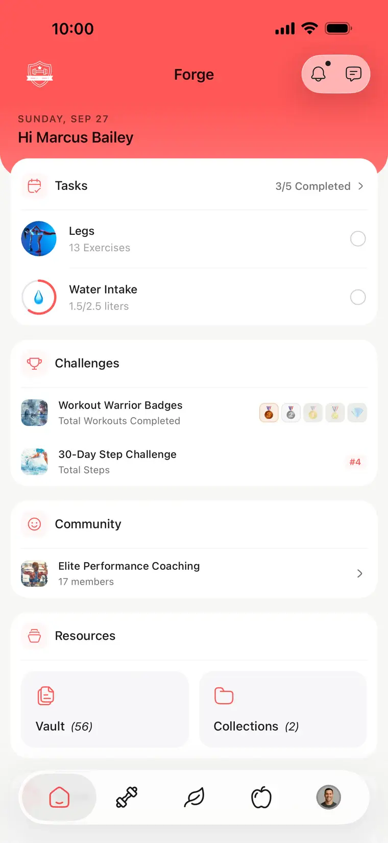 A coach's own branded app, Forge, in red: the client's home with tasks, challenges and community