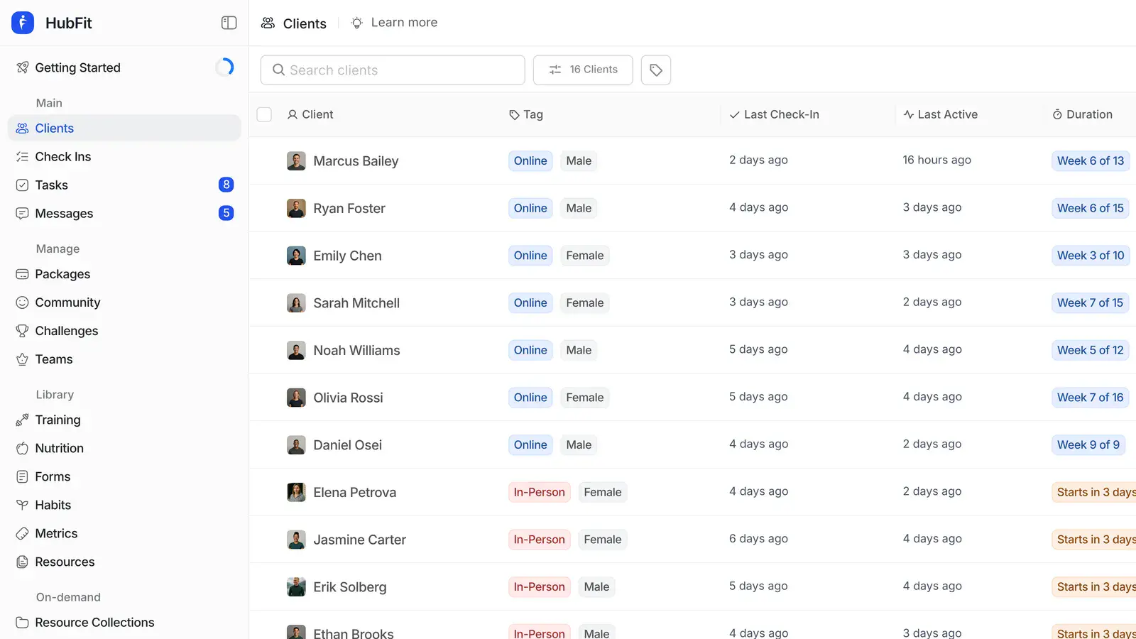 HubFit coach dashboard on the web: every client with their tags, last check-in, last activity and program week