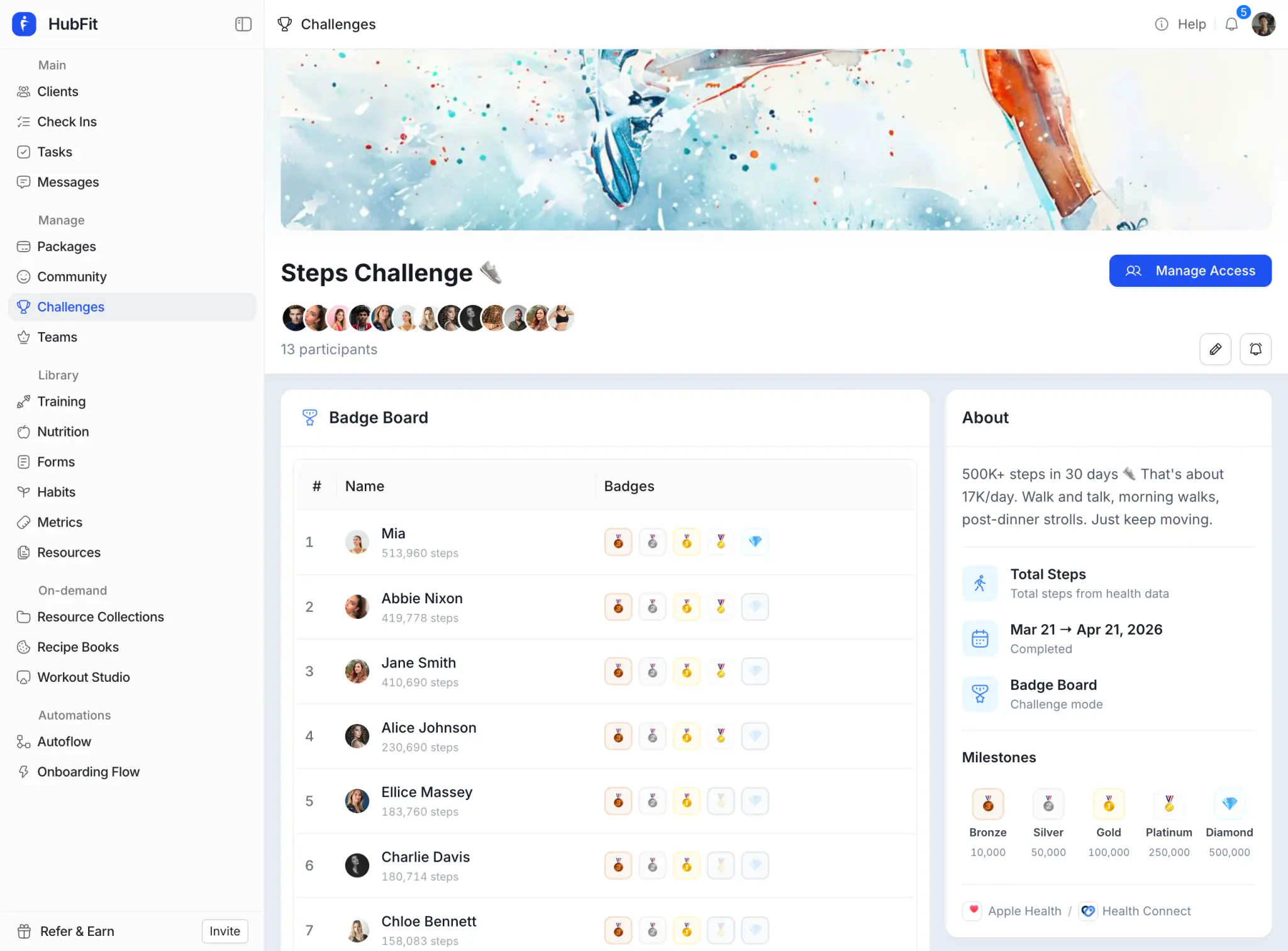 HubFit Challenges view