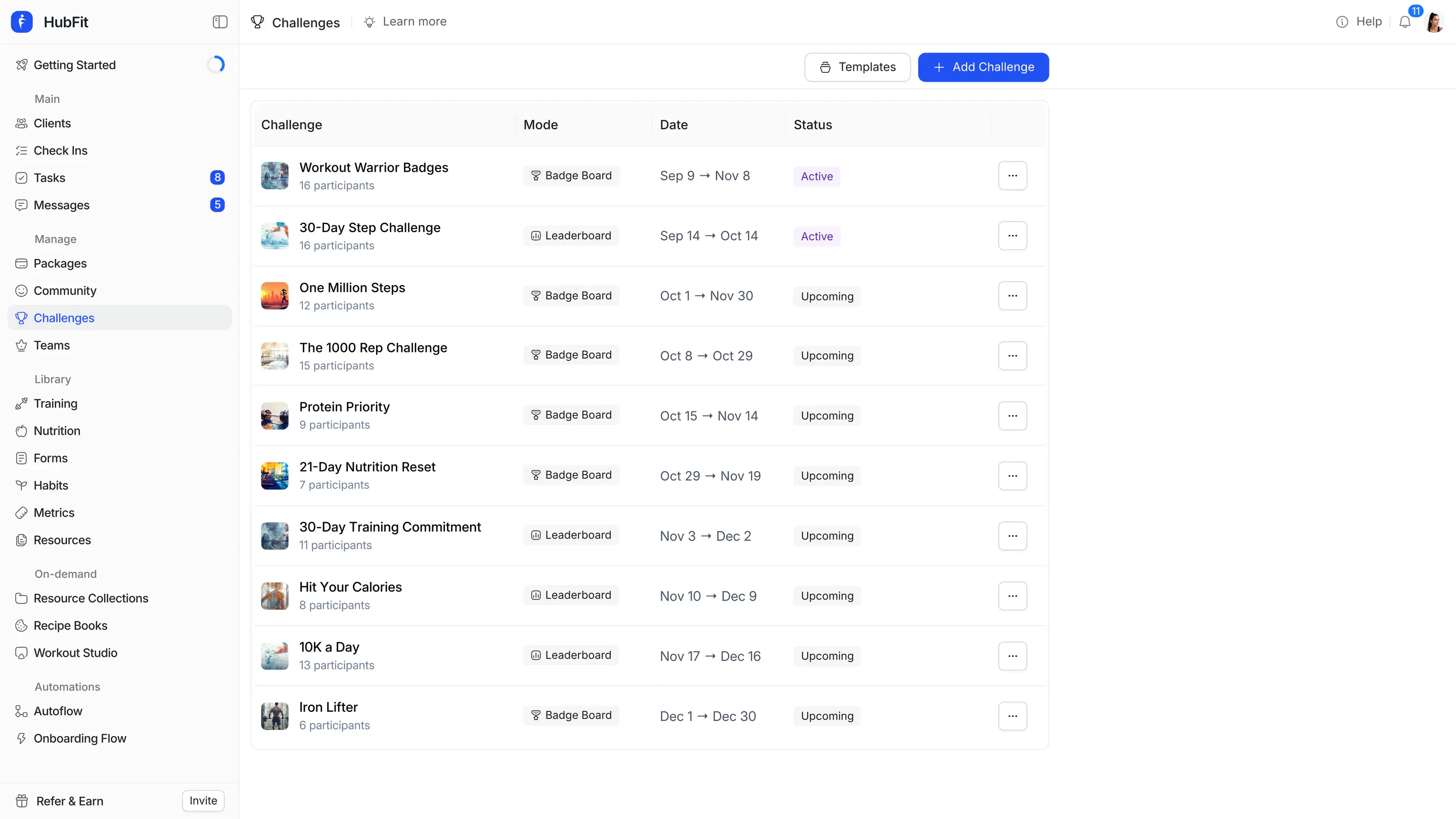 HubFit Challenges view