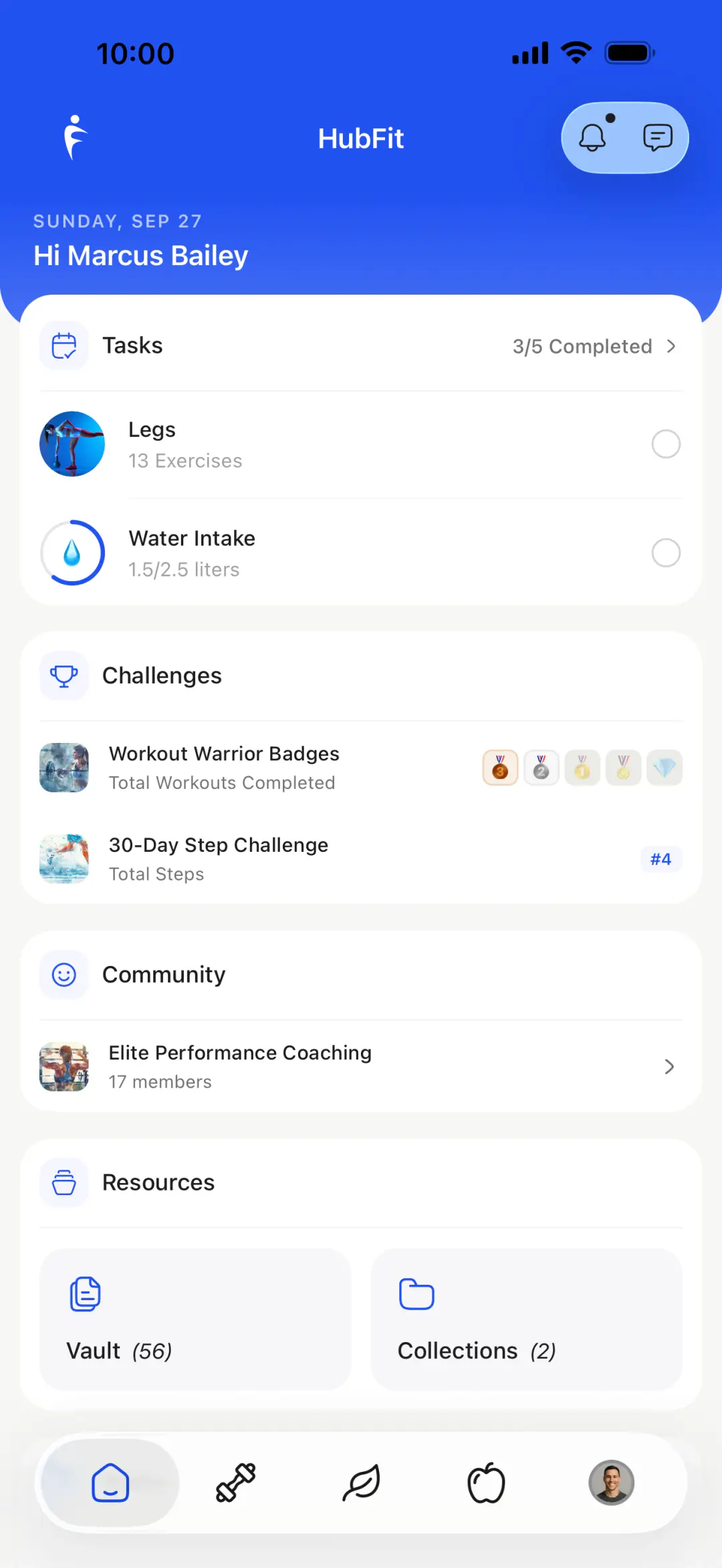 HubFit client app dashboard