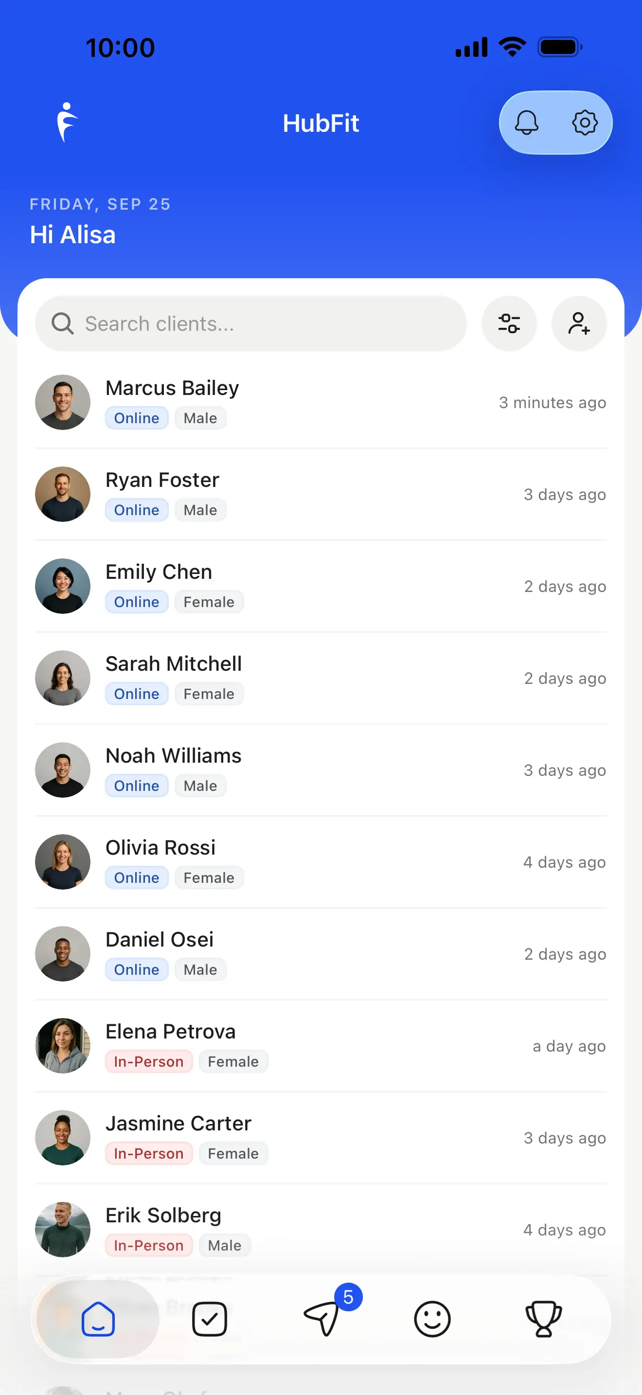 The HubFit coach app home with every client and when they were last active