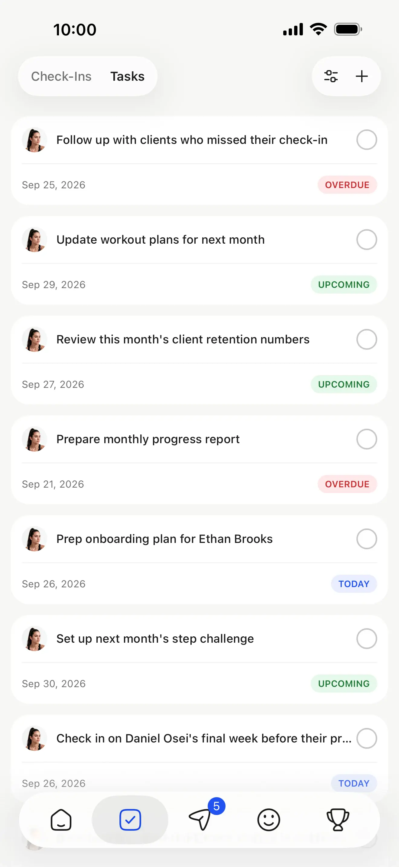 The task list in the HubFit coach app