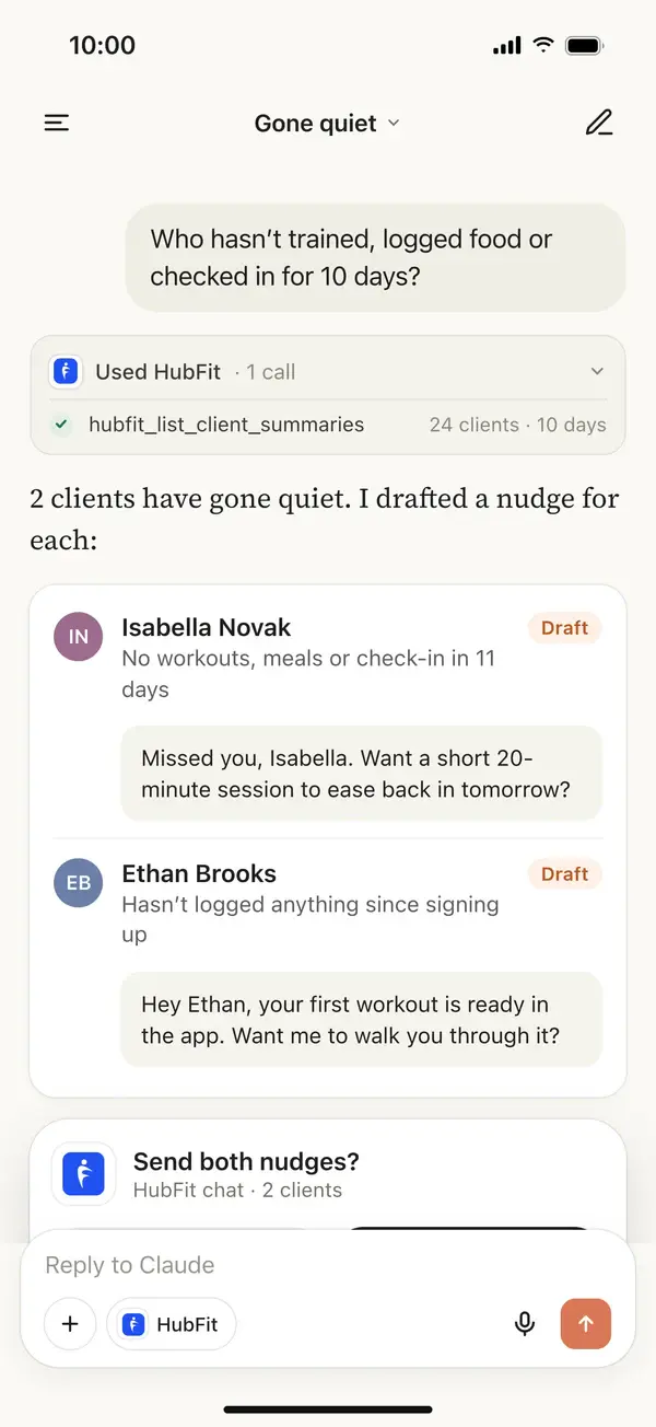 Claude answering who hasn't trained, logged food or checked in for 10 days, from HubFit, with a draft nudge for each client