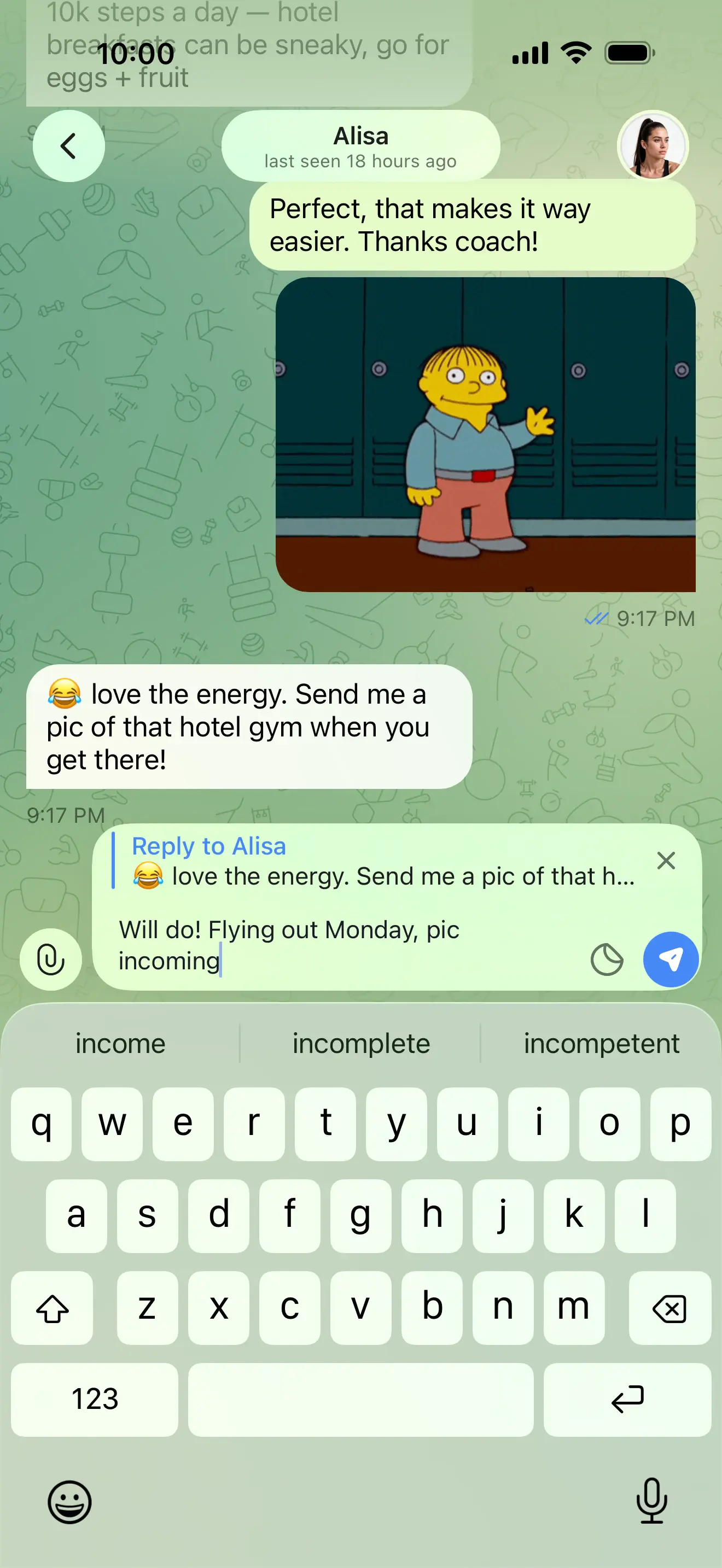 The chat your clients see in the HubFit app.