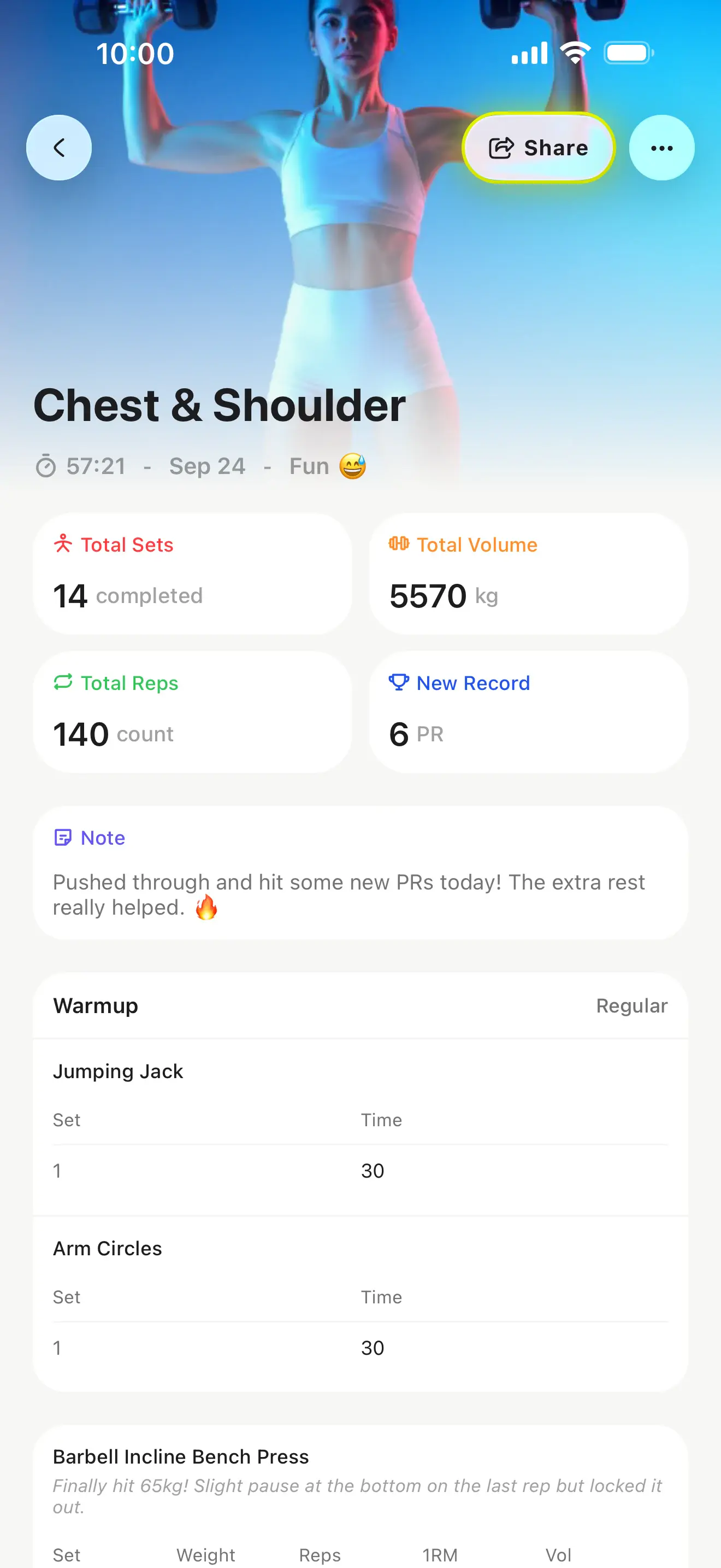 A completed workout with every logged set.