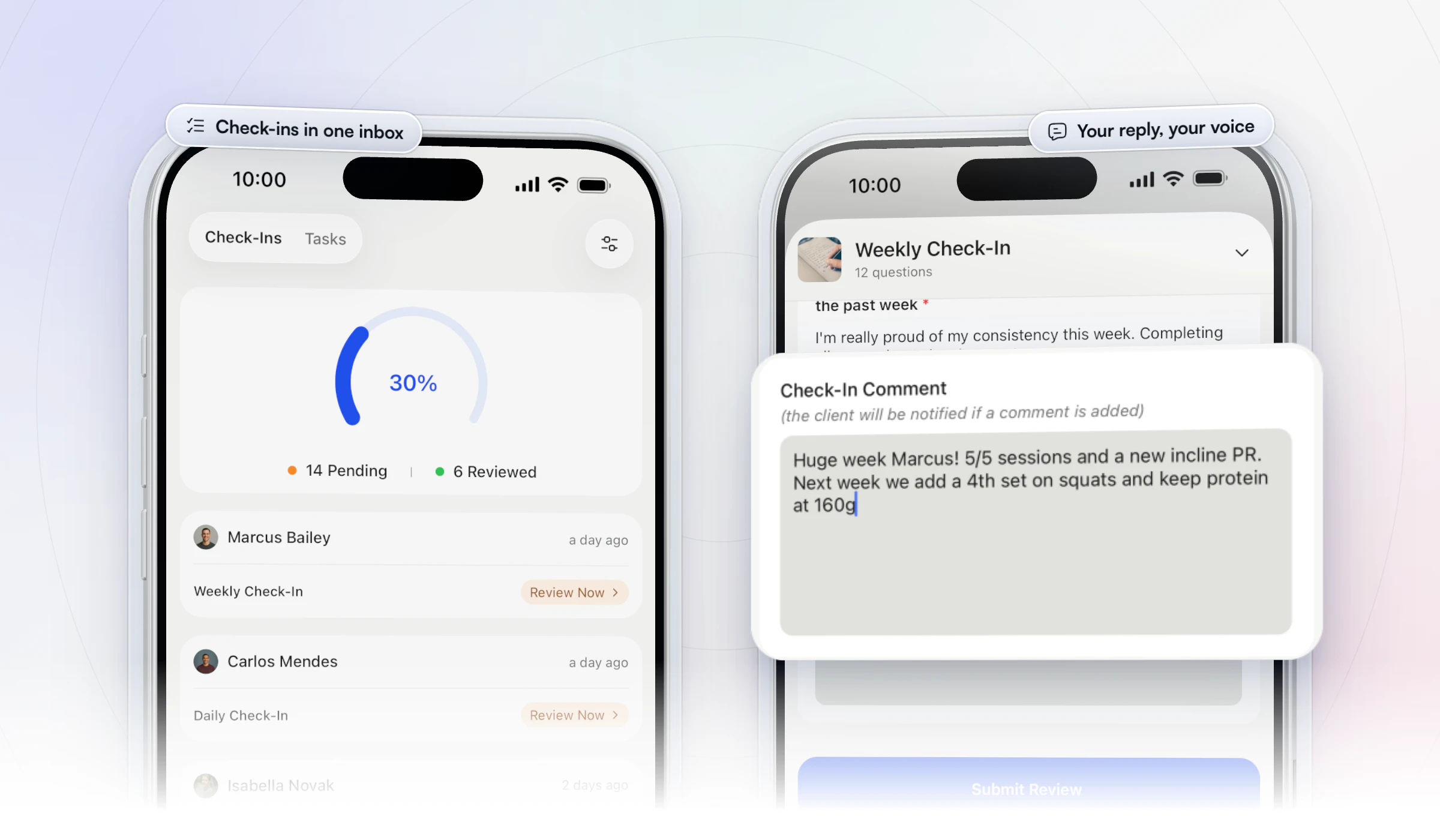 Check-ins in the coach app: the review inbox with 14 pending and 6 reviewed and a Review Now link on each client's weekly or daily check-in, beside a weekly check-in where the coach's comment praises 5 of 5 sessions and a new incline PR and adds a fourth set on squats for next week