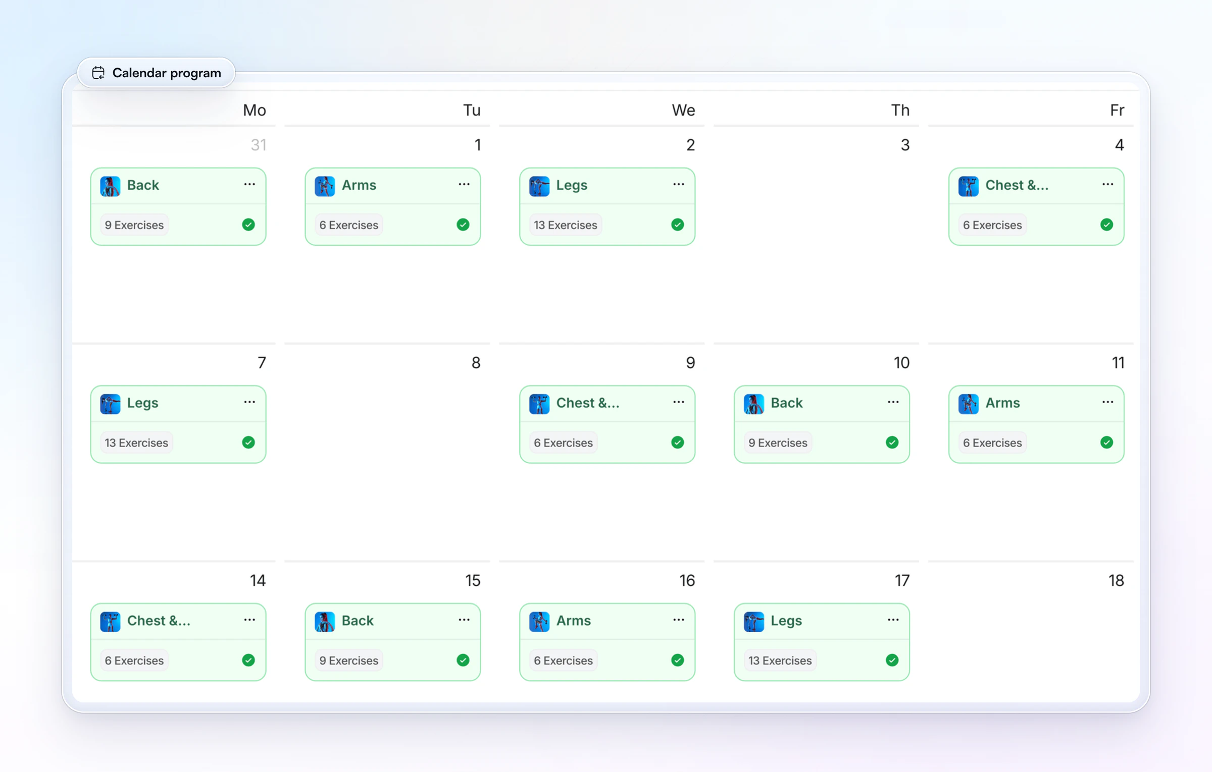 A client's training calendar on the coach's web app: Back, Arms, Legs and Chest and Shoulder sessions across three weeks, the finished ones in green