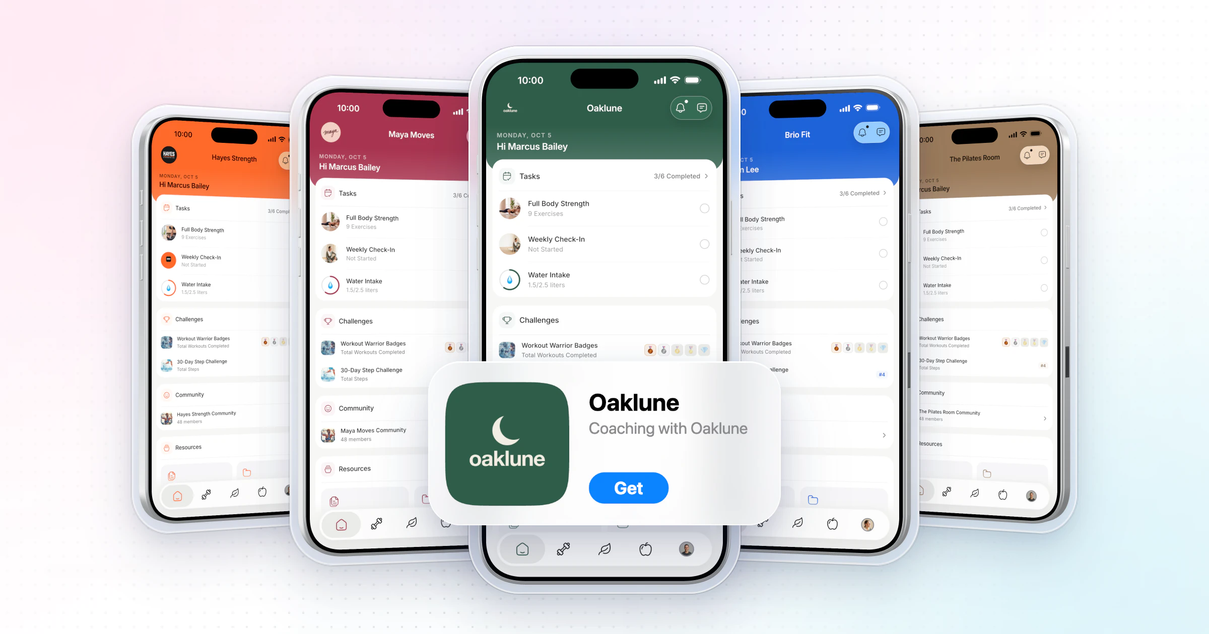 Five iPhones fanned out, each running a different coach's branded app built on HubFit in its own color, with one app's App Store listing lifted out in glass