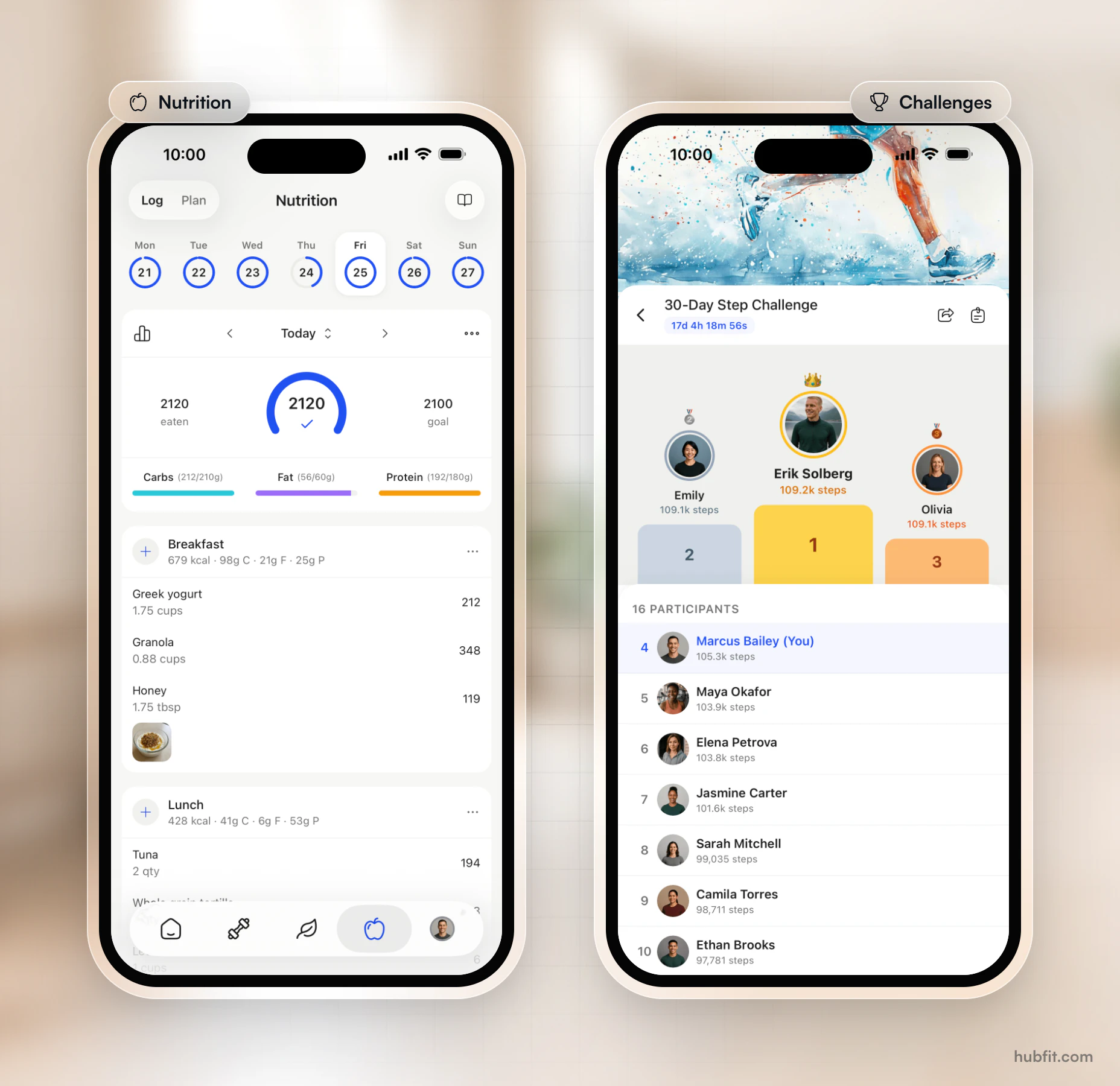 The client app's nutrition log with calories against a 2,100 goal and carbs, fat and protein bars, beside a 30-Day Step Challenge leaderboard with the top three on a podium