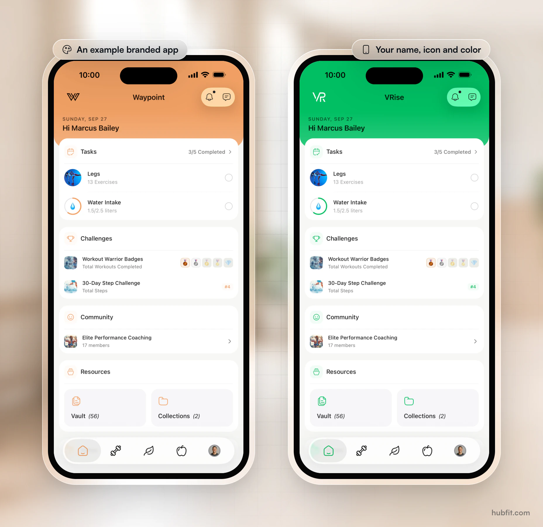 Two example branded apps built on our platform, Waypoint in orange and VRise in green, each the same client home screen under its own name, icon and color
