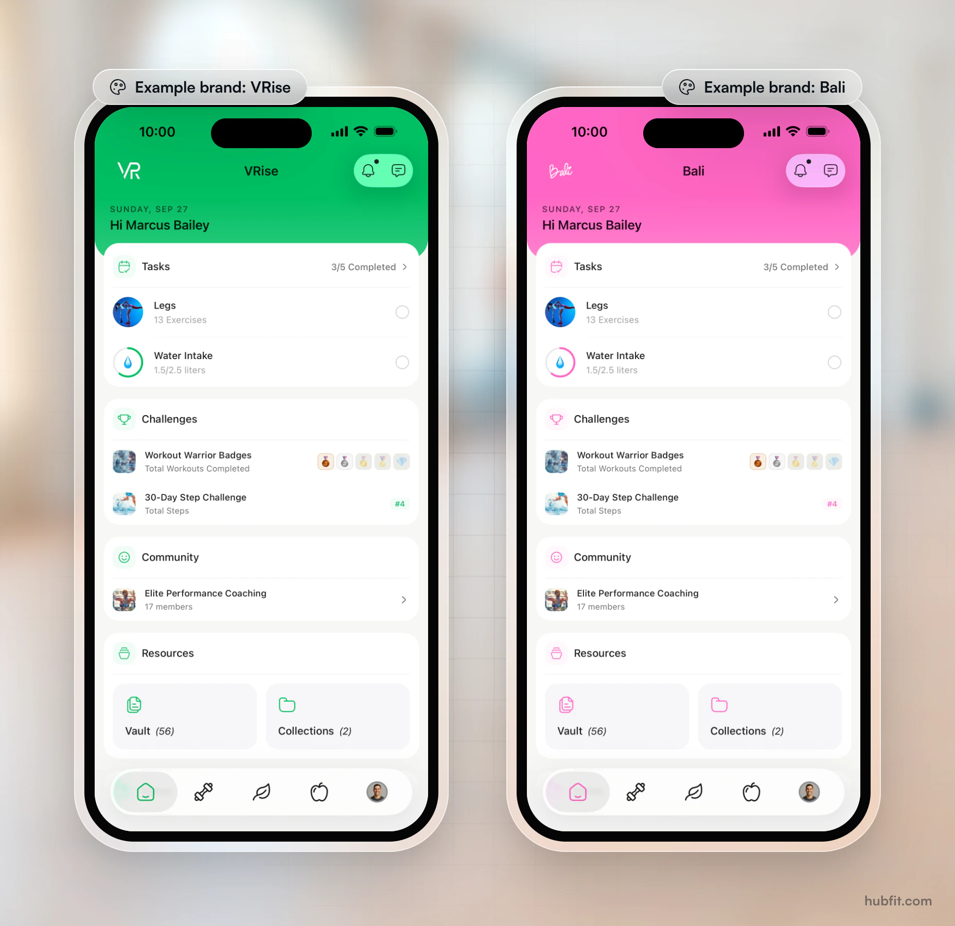 Two example branded apps side by side: VRise in green and Bali in pink, each with its own name and logo above the client's tasks, challenges and community
