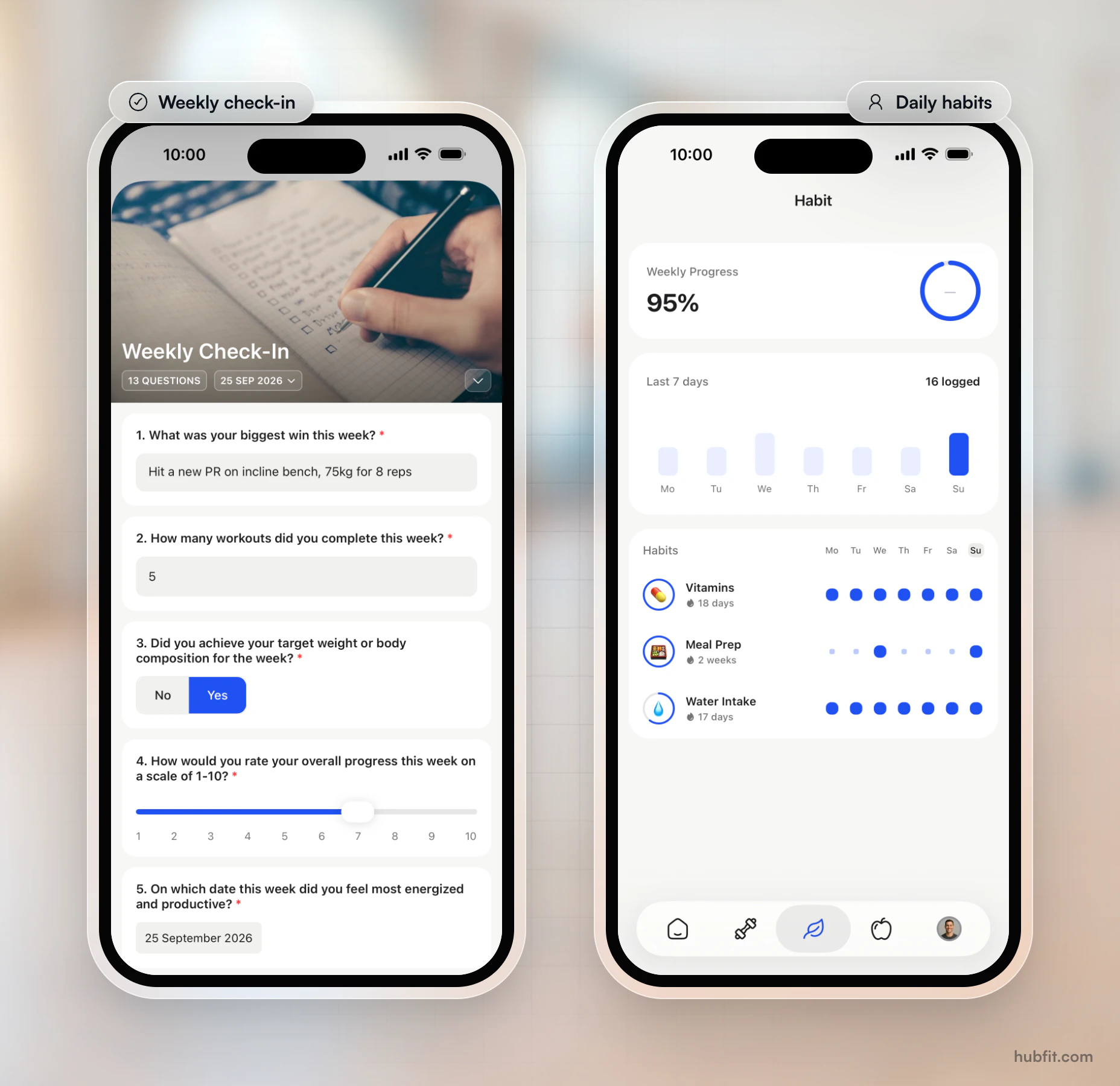 Two client app screens: a weekly check-in form with questions on the week's biggest win and workouts completed, and a habits page with weekly progress and vitamins, meal prep and water intake streaks