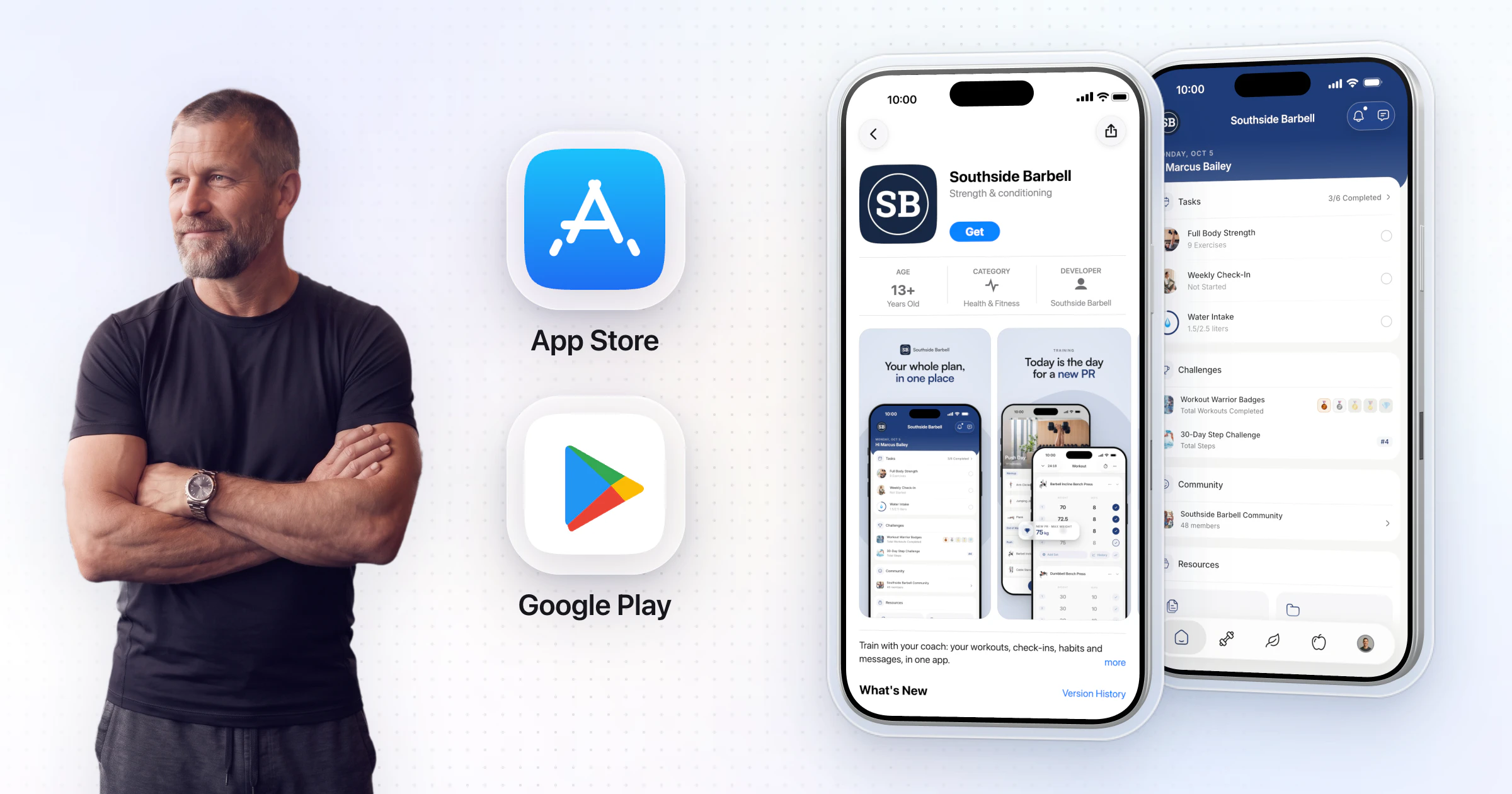 A gym owner, arms crossed, beside App Store and Google Play icons in glass and his gym's own app, Southside Barbell, on two iPhones: its App Store page and the member home screen