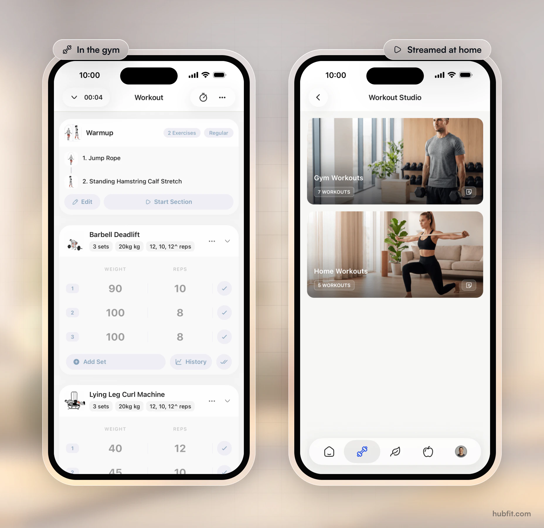 A member's workout open in the app, with a barbell deadlift set up as 90 for 10 reps and 100 for 8 reps twice, ready to log, beside a Workout Studio library with Gym Workouts (7 workouts) and Home Workouts (5 workouts)
