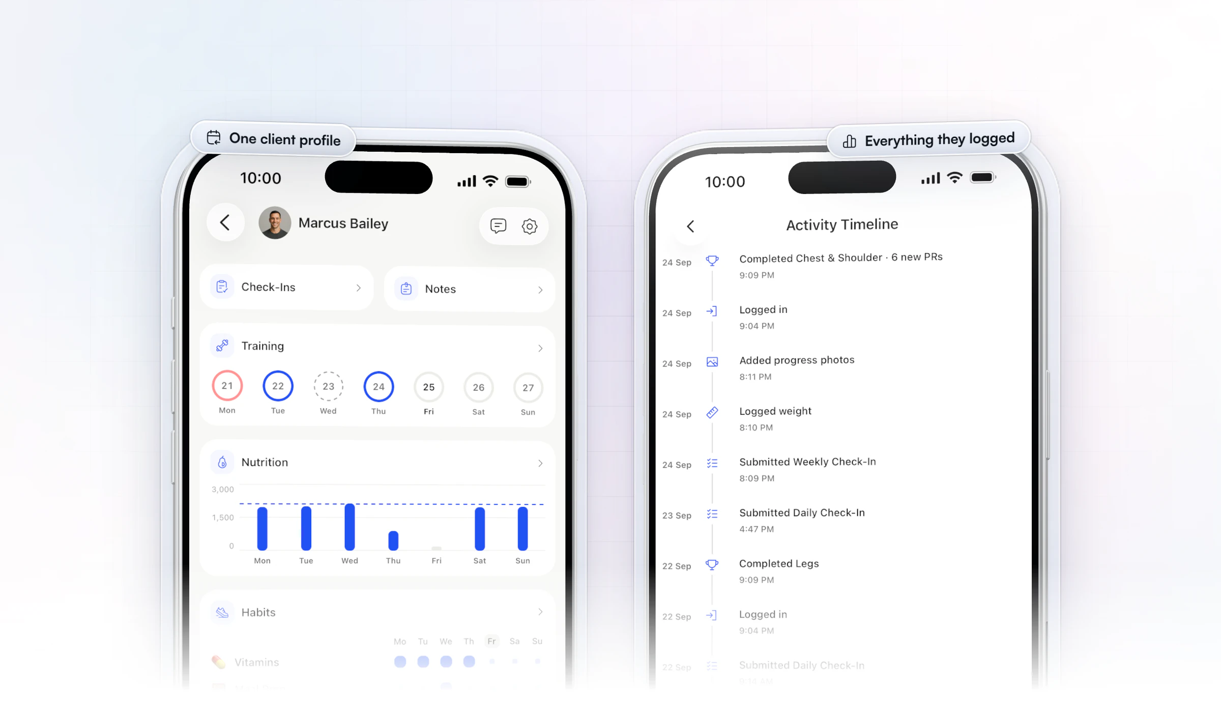 The coach app on two iPhones: a client's profile with their check-ins, notes, this week's training, nutrition and habits, beside their activity timeline of a chest and shoulder session with 6 new PRs, a weight logged and their weekly and daily check-ins submitted
