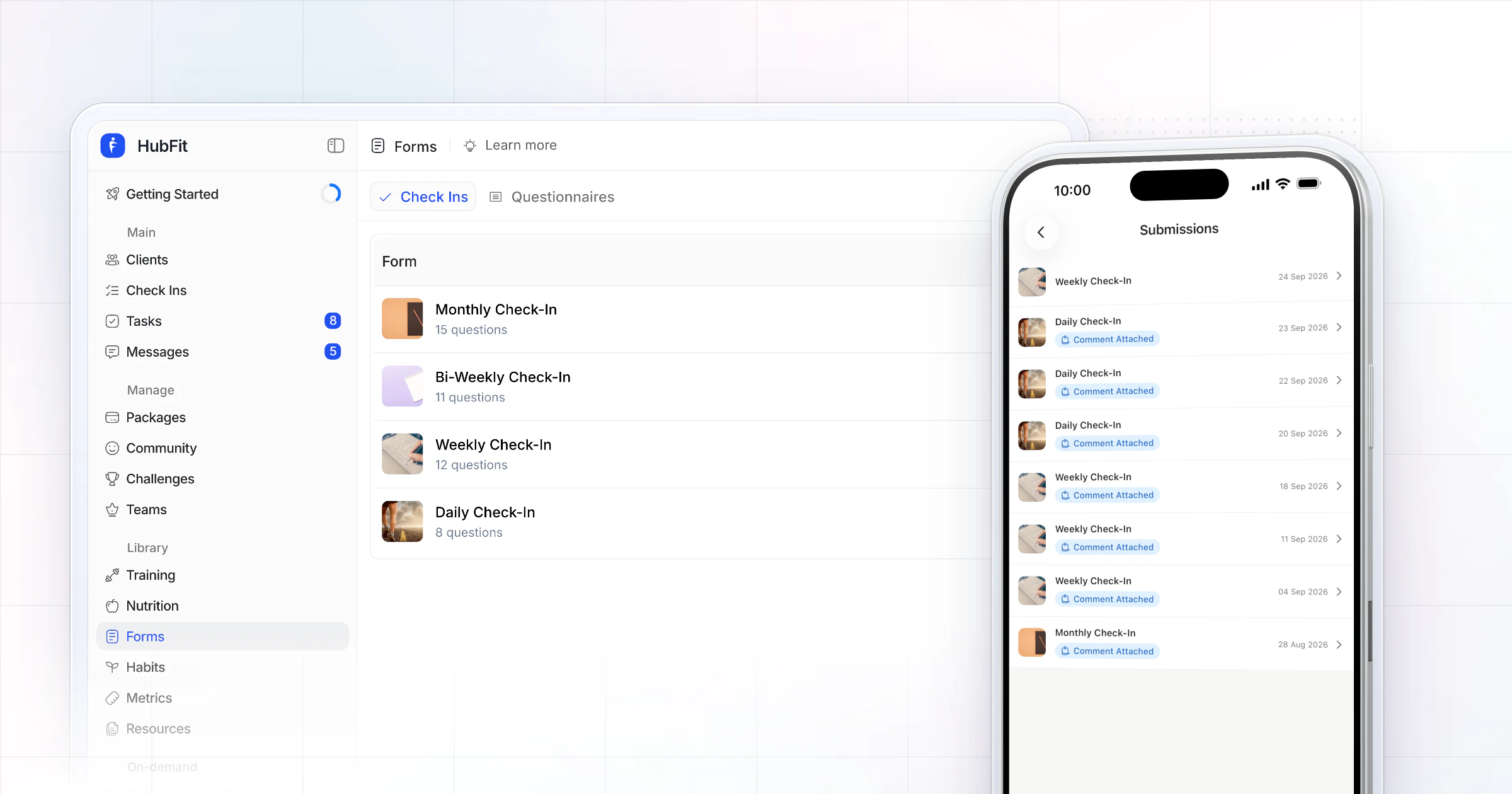HubFit's check-in forms on the web beside an iPhone showing a client's submitted check-ins in the app