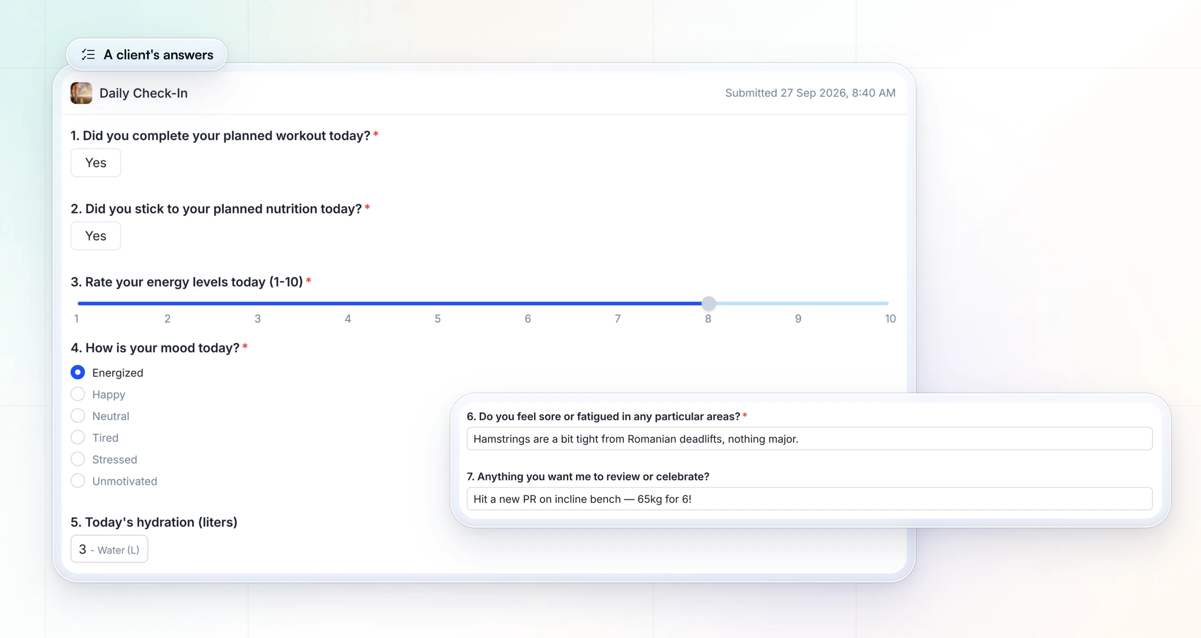 A client's submitted daily check-in in HubFit: yes to the planned workout and to nutrition, energy 8 out of 10, mood Energized, 3 liters of water, hamstrings a bit tight from Romanian deadlifts, and a new PR on incline bench