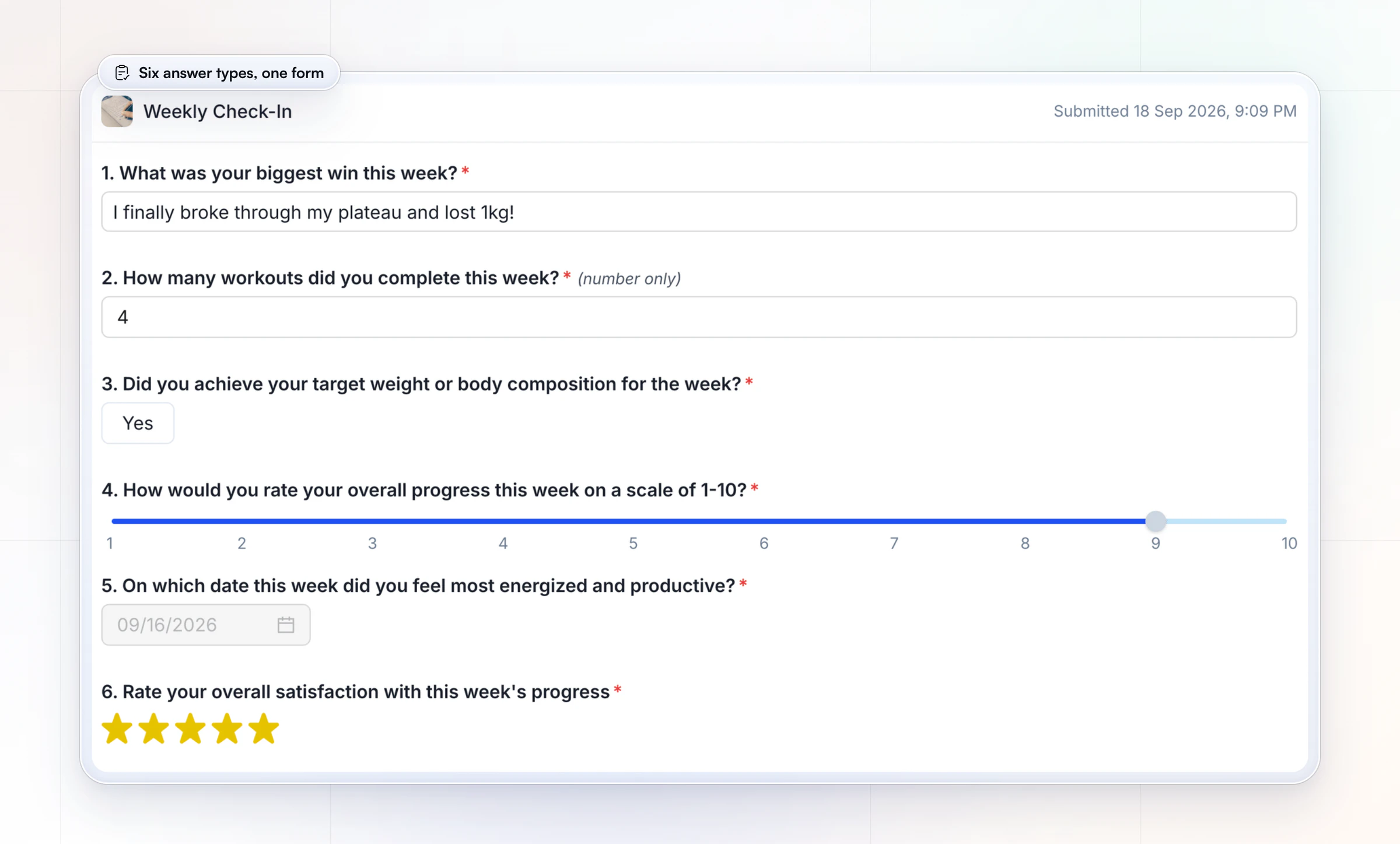 A client's weekly check-in as the coach reviews it: a text answer about breaking through a plateau, 4 workouts, yes to the weekly target, 9 out of 10 for progress, a date, and five stars for satisfaction