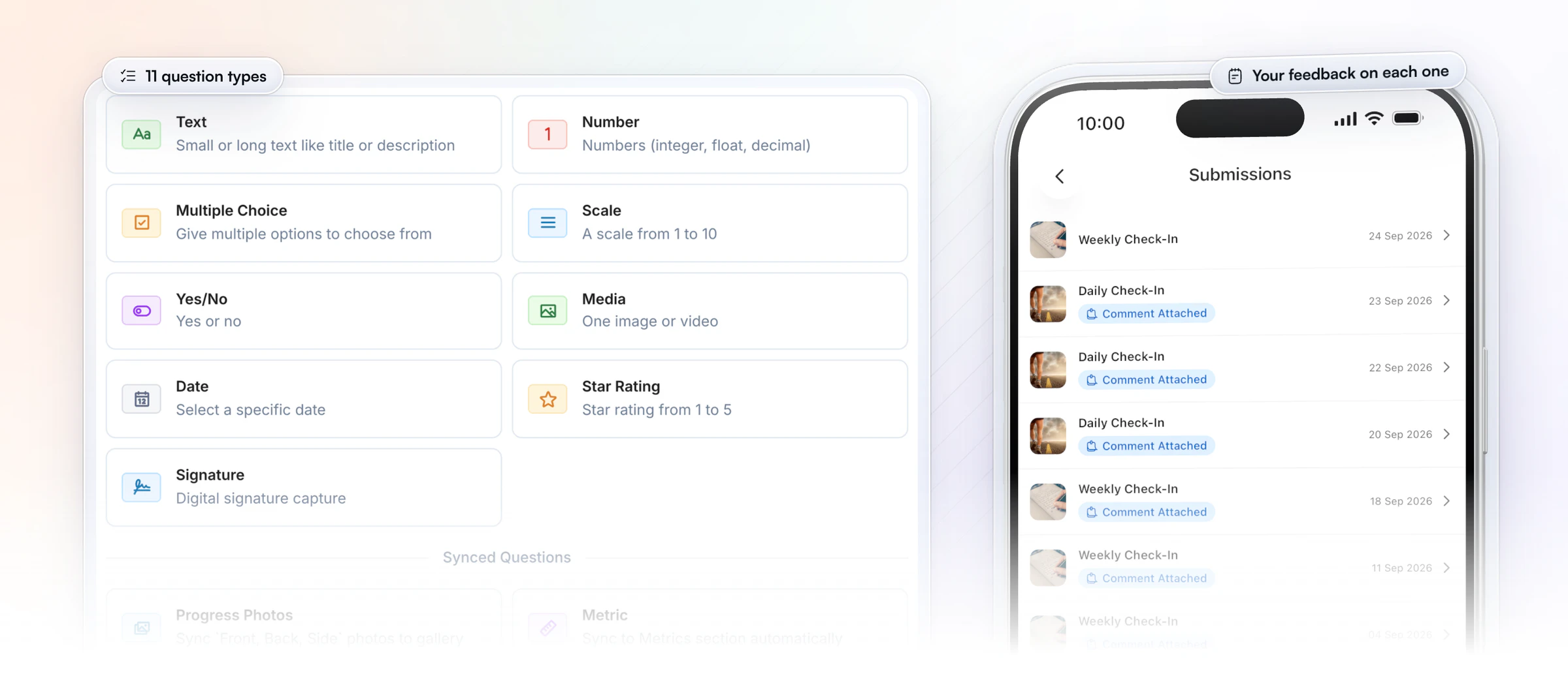 HubFit's Add Question window with its answer types: text, number, multiple choice, scale 1 to 10, yes/no, media, date, star rating, signature, and progress photos and metrics that sync on their own, beside the client's iPhone listing their submitted check-ins, each with the coach's comment attached