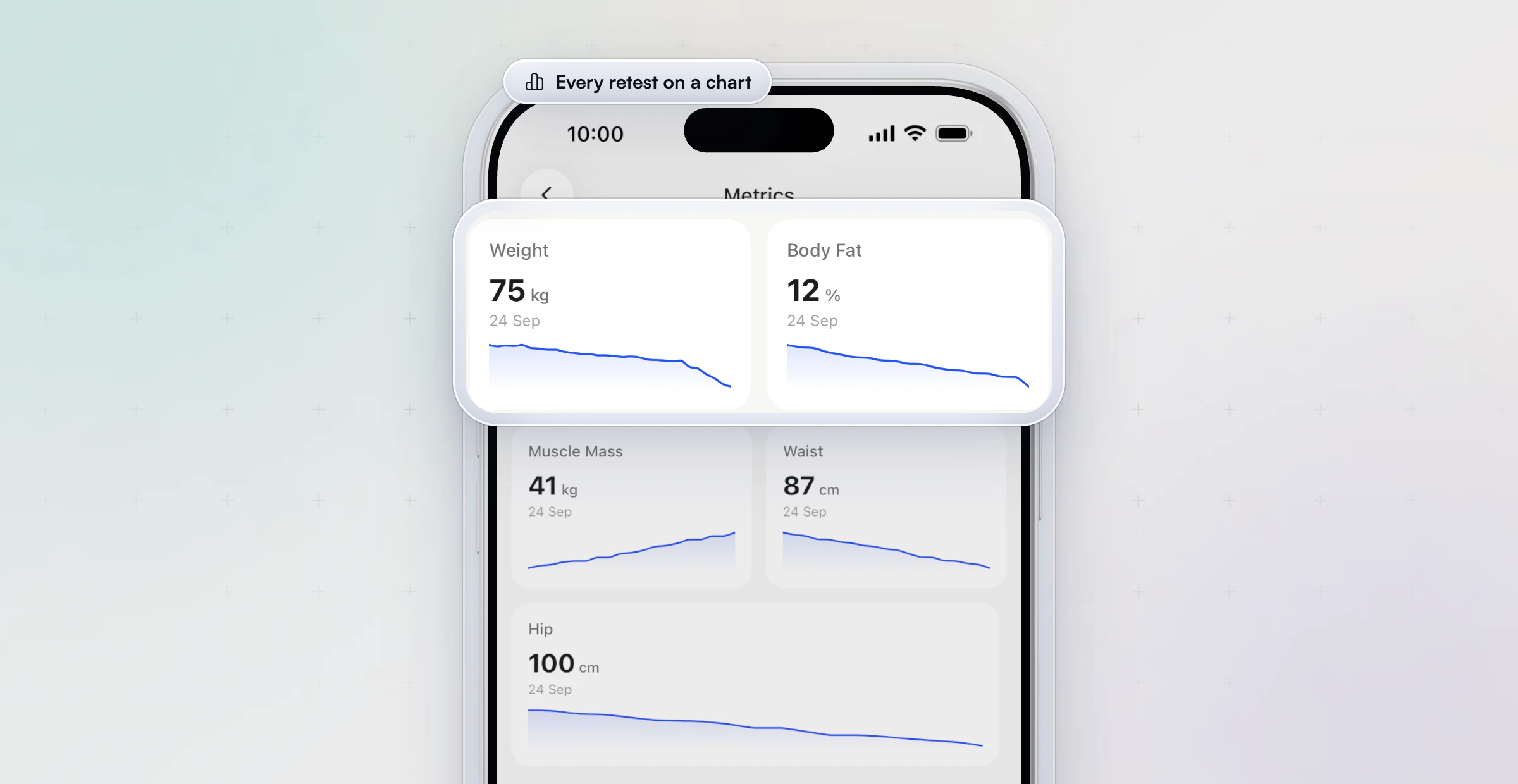 A client's Metrics in the HubFit app: weight, body fat, muscle mass, waist and hip, each with its latest value and a trend line, with the weight and body fat row lifted out