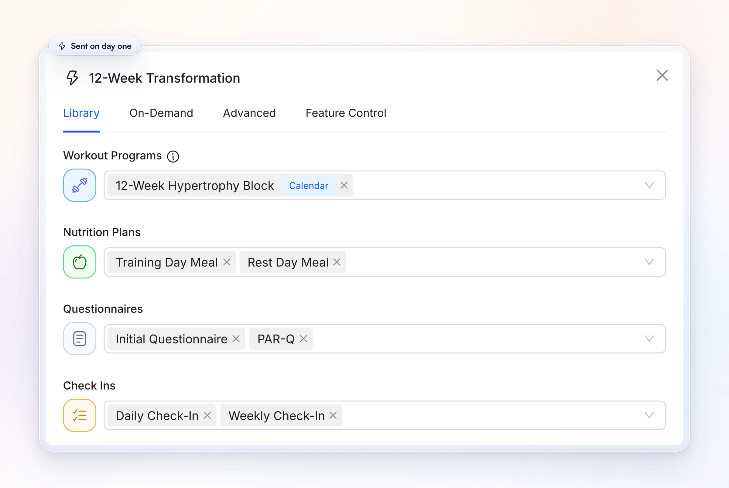 A HubFit Onboarding Flow called 12-Week Transformation: a 12-week workout program, training-day and rest-day nutrition plans, the Initial Questionnaire and PAR-Q questionnaires, and daily and weekly check-ins, all assigned to a new client automatically