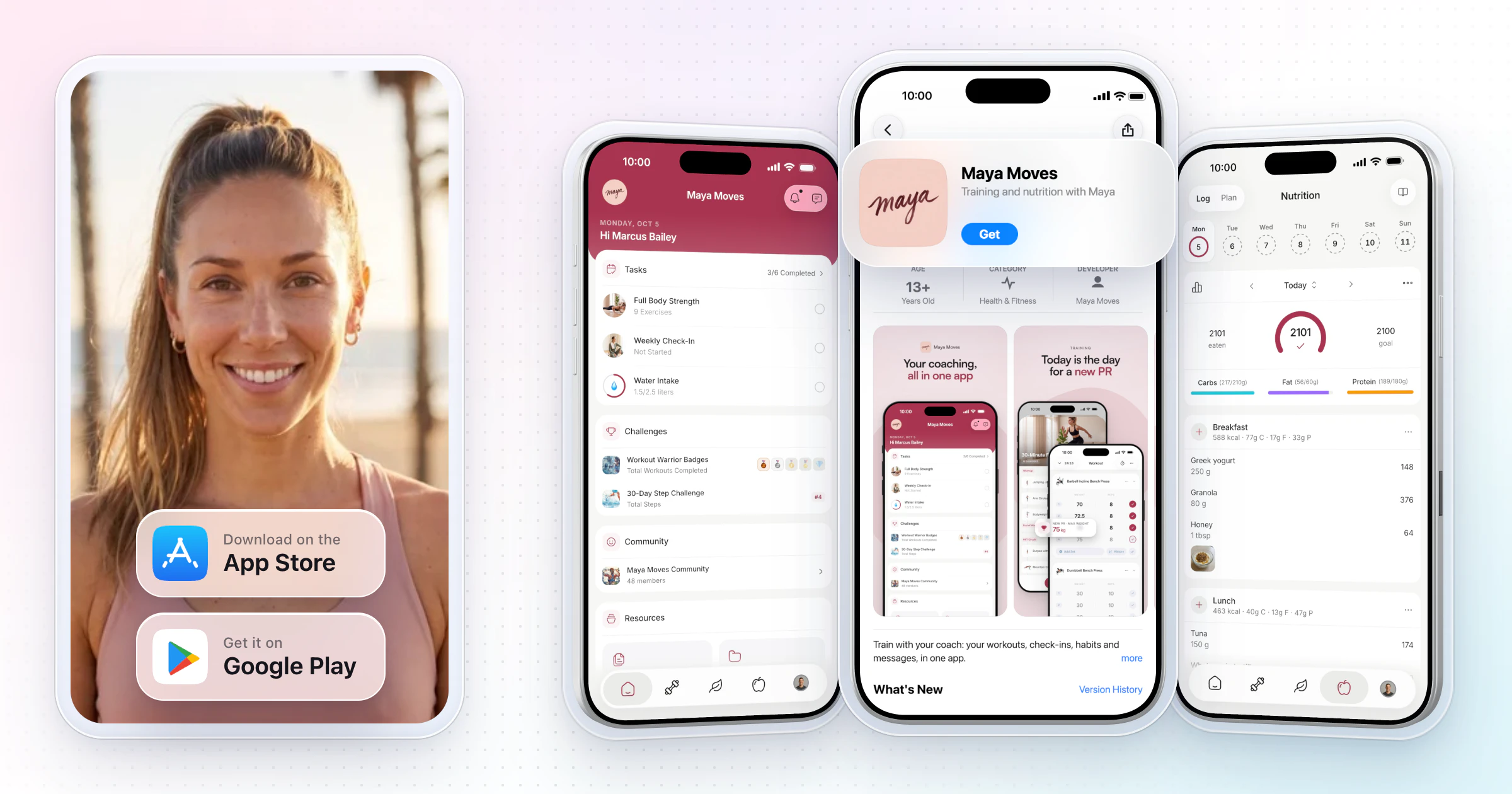 An example coach's own app, Maya Moves: Maya in a framed photo with App Store and Google Play badges, beside three iPhones showing her app's home screen in her rose color, its App Store page and the day's nutrition log