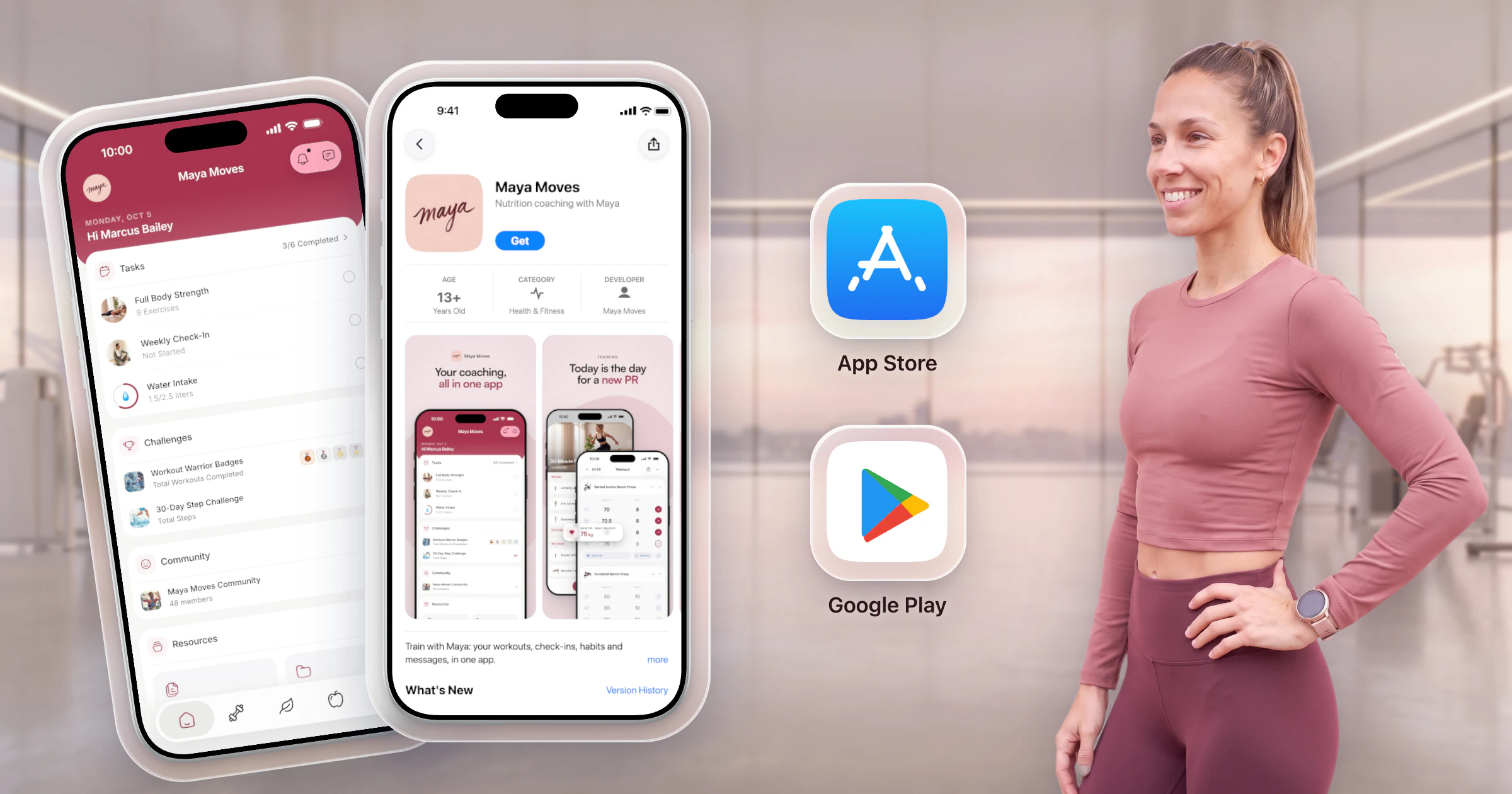 Two iPhones showing an example coach's own app, Maya Moves: its home screen and its App Store page, beside App Store and Google Play icons, with Maya smiling at them in a bright glass-walled training loft.