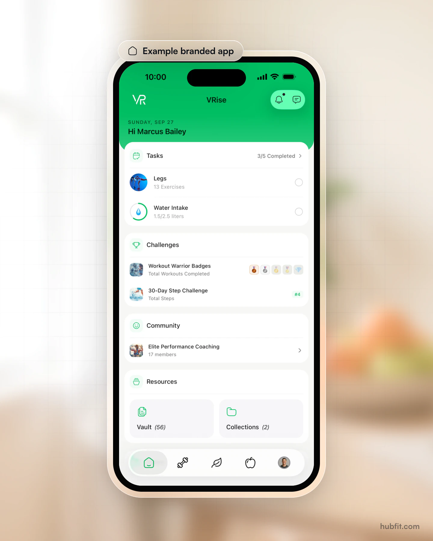 Example branded app: the client home screen as VRise, in green with its own name and logo, showing the day's tasks, challenges, community and resources