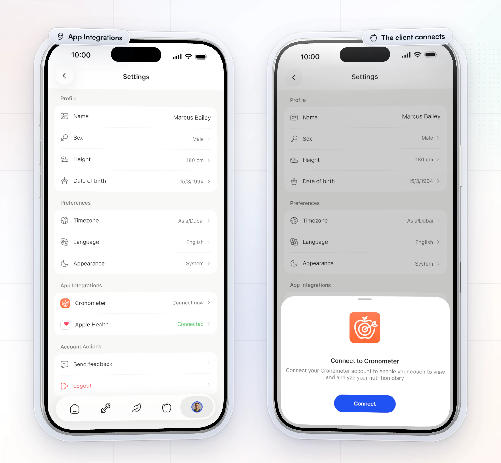 Two HubFit client app screens on iPhone: Settings with Cronometer under App Integrations marked Connect now, and the Connect to Cronometer sheet that lets the client link their account so their coach can view and analyze their nutrition diary, with a blue Connect button