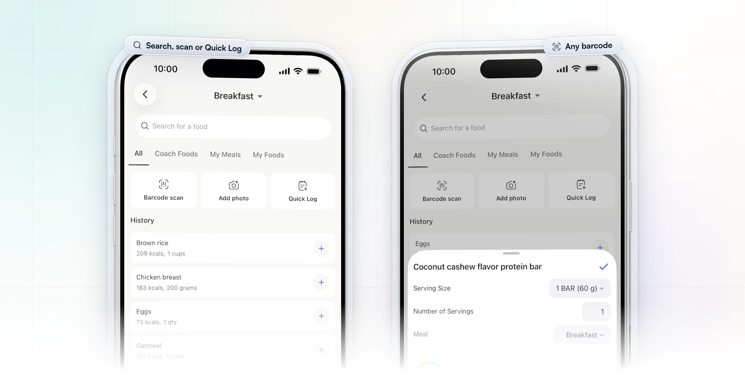 Two HubFit client app screens on iPhone: adding food to breakfast with a search box, Barcode scan, Add photo and Quick Log buttons and a history of foods, and a scanned coconut cashew protein bar ready to log, with its serving size and meal