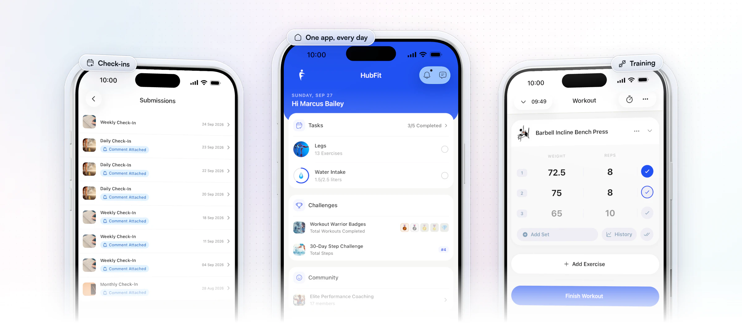 Three HubFit client app screens on iPhone: the client's submitted check-ins with the coach's comments attached, the home screen with today's tasks, challenges and community, and a workout being logged set by set