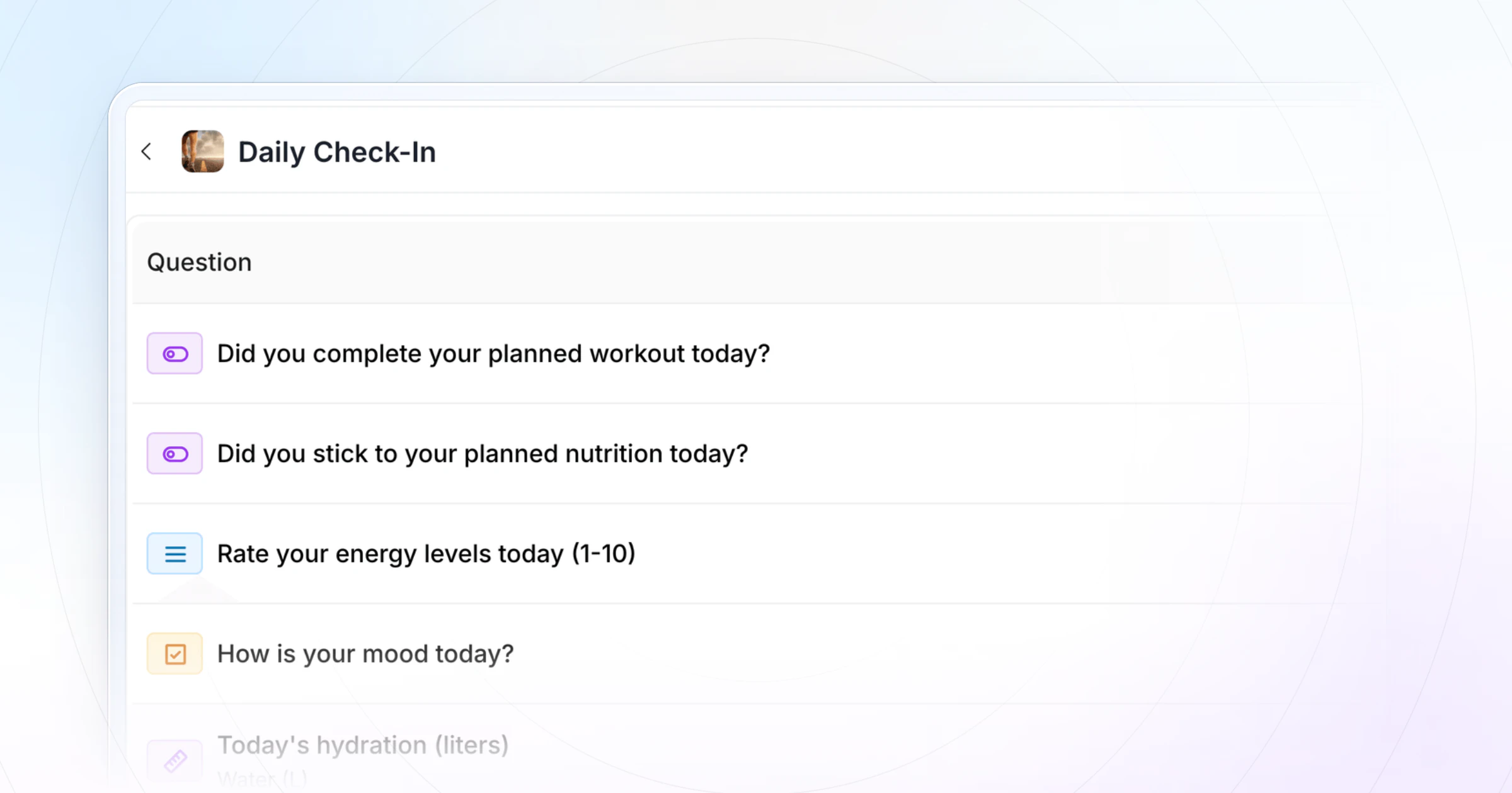 A daily check-in form in HubFit's form builder: workout done, nutrition, energy 1 to 10, mood, hydration, a meal photo and soreness, each with its answer type