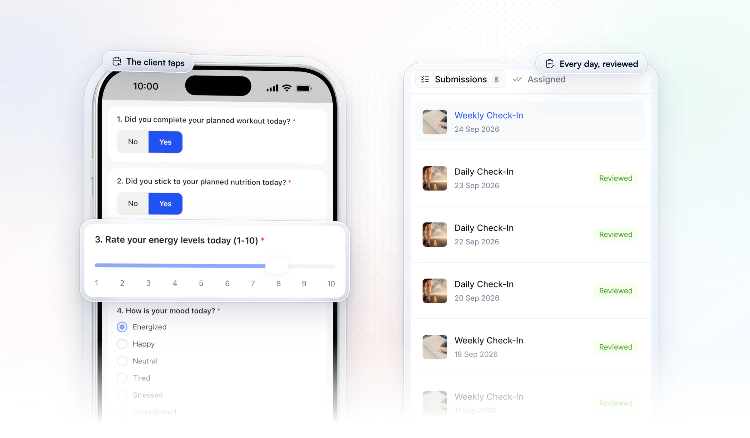 A client's daily check-in on their iPhone, answered with taps: workout done, nutrition on plan, energy 8 out of 10 lifted out, and mood energized, beside the coach's list of submissions with each daily check-in from 20 to 23 September marked Reviewed