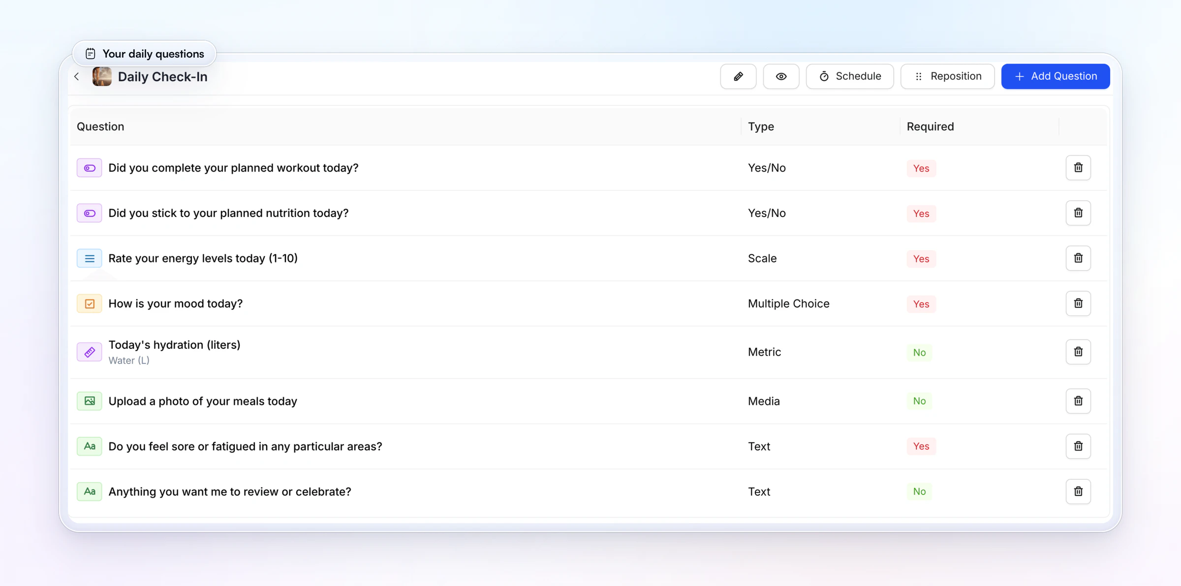 HubFit's form builder with a Daily Check-In open: yes/no questions for the workout and nutrition, a 1 to 10 energy scale, a mood multiple choice, a hydration metric, a meal photo and two text questions, each with its type and whether it's required