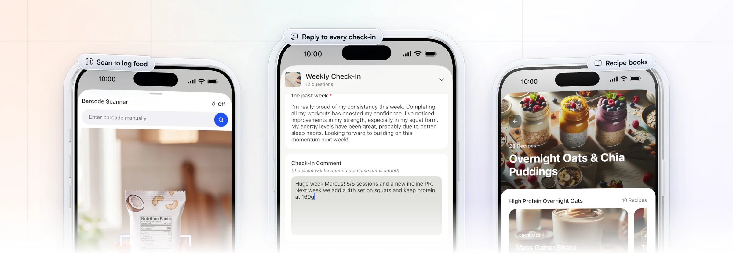 Three HubFit screens: a client scanning a protein bar's barcode to log it, the coach writing feedback on a client's weekly check-in in the coach app, and a recipe book of high-protein overnight oats with each recipe's calories and macros
