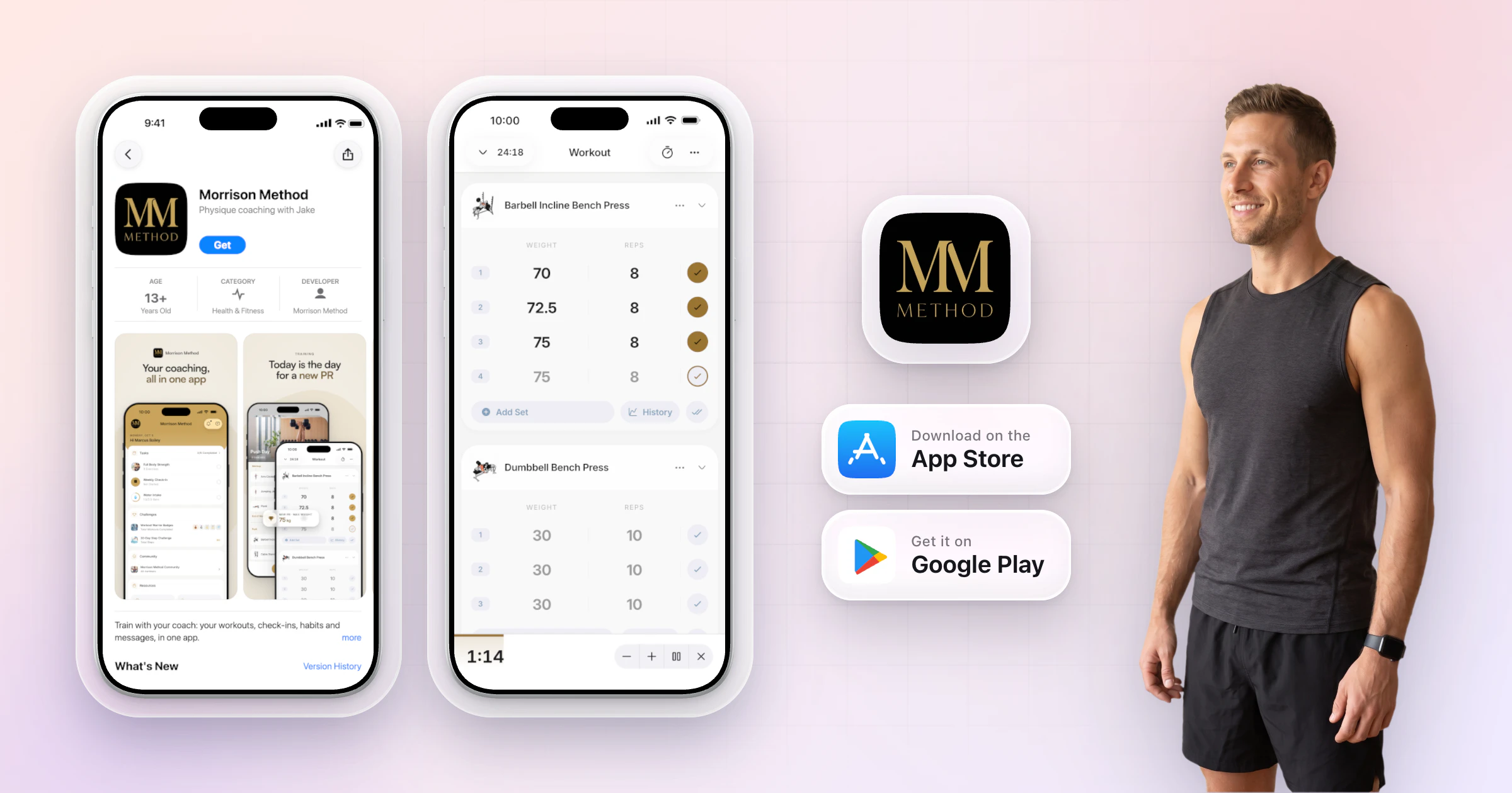 Two iPhones side by side for an example coach's own app, Morrison Method: its App Store page and a workout with a new personal record, with App Store and Google Play badges and the coach standing beside them.