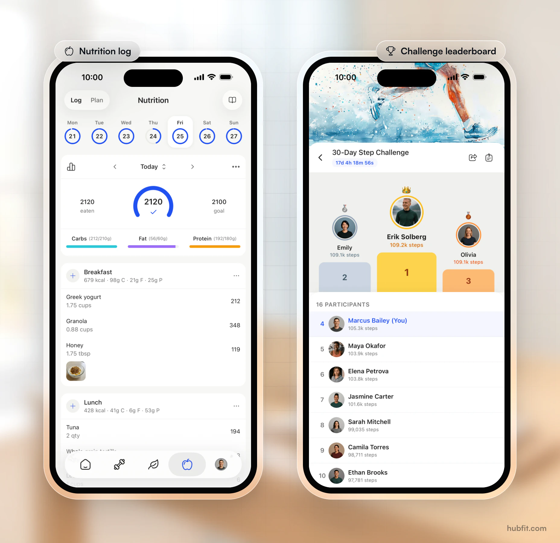 Two client app screens: a nutrition log with 2,120 calories eaten against a 2,100 goal and carbs, fat and protein bars, and a 30-Day Step Challenge leaderboard with a podium and 16 participants