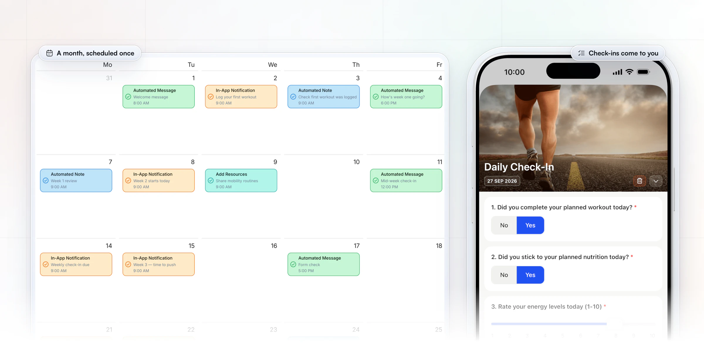A client's AutoFlow calendar in HubFit's web app, with a welcome message, a log-your-first-workout notification, a note, resources and the week 2 start scheduled across September, beside the client's daily check-in on their phone with workout and nutrition answered and an energy score