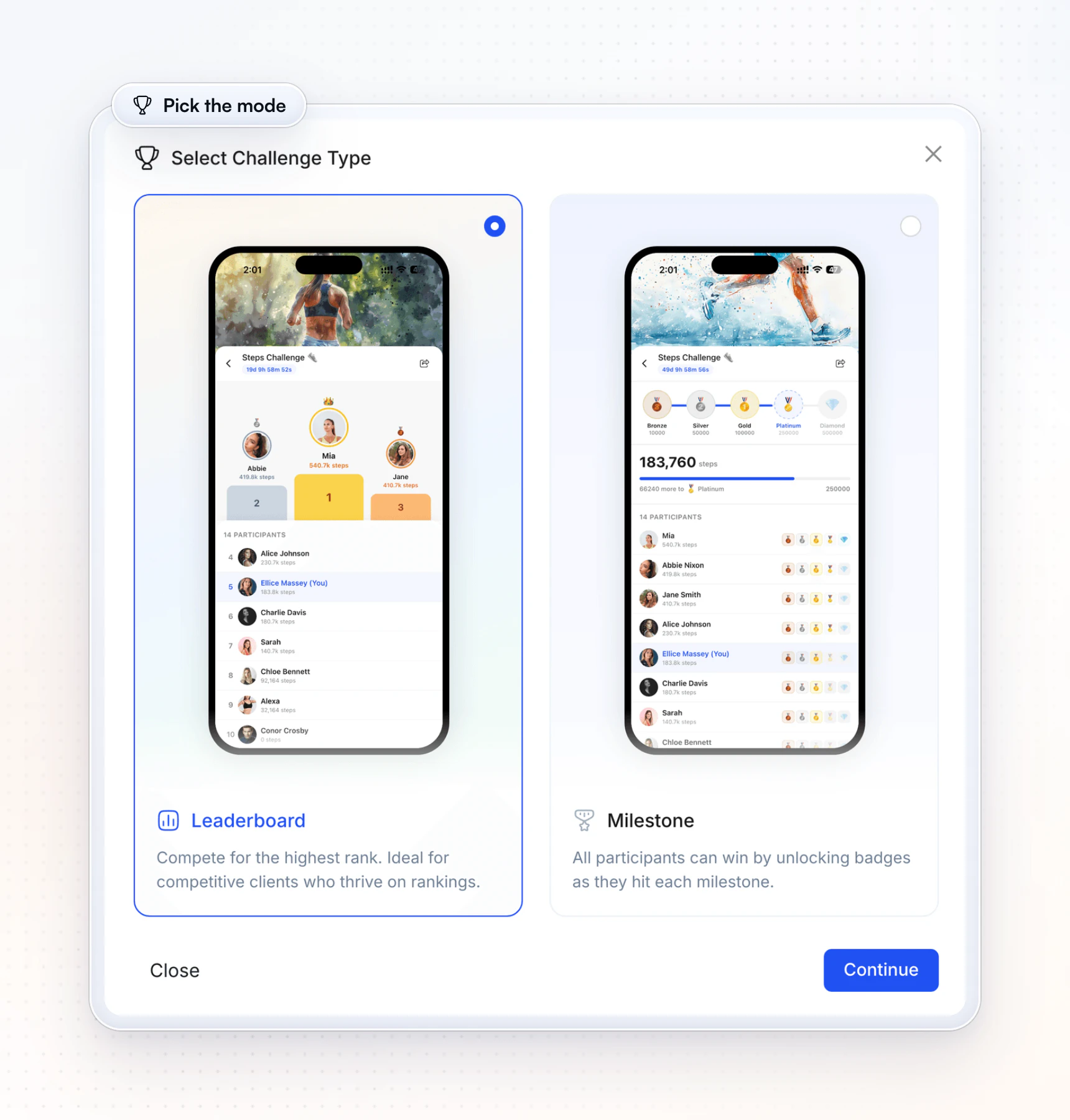 Choosing the challenge type in HubFit: Leaderboard, to compete for the highest rank, or Milestone, where everyone can win by unlocking badges as they hit each target