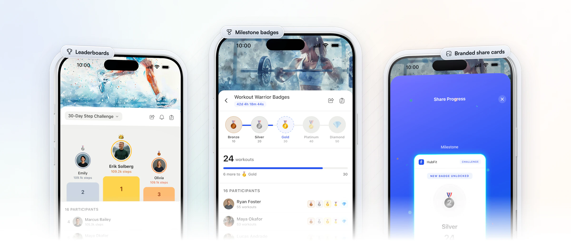 Three iPhones: the 30-Day Step Challenge leaderboard in the HubFit coach app with Erik Solberg first on 109.2k steps, a client's Workout Warrior Badges milestone at 24 workouts with 6 more to Gold, and the branded share card for a new Silver badge with Instagram and Facebook buttons