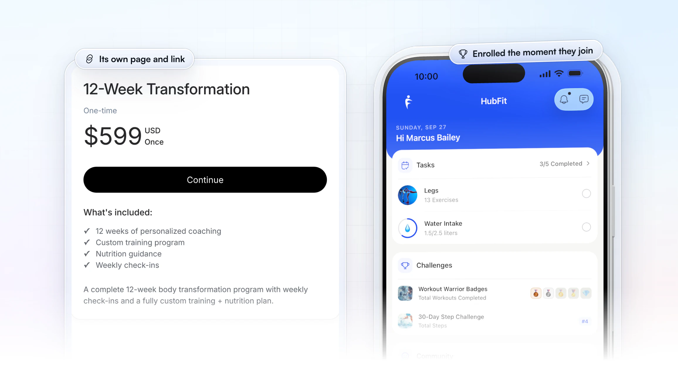 Selling a challenge through a package: a coach's package page with a one-time price, a Continue button and what's included, beside the client's home screen in the HubFit app with the challenges they joined, Workout Warrior Badges and the 30-Day Step Challenge, where they are fourth