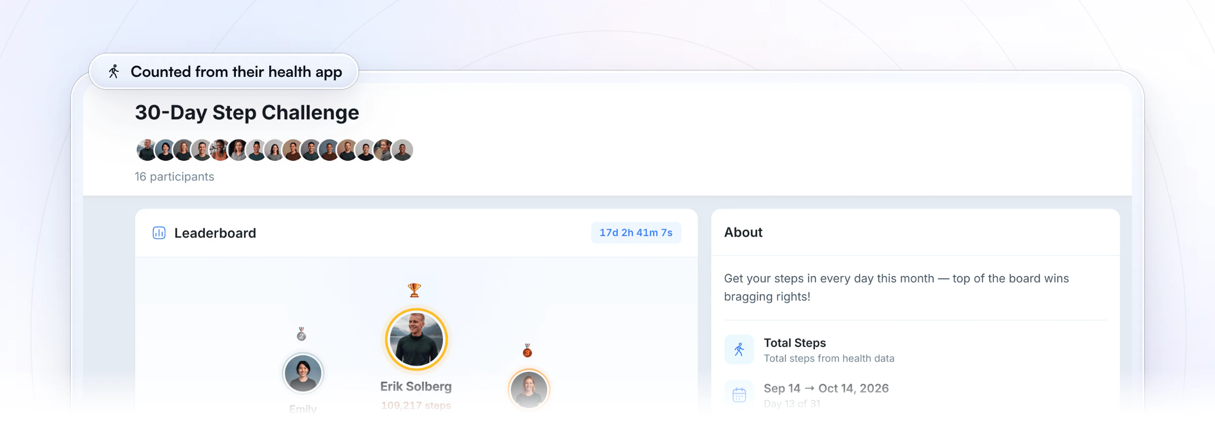 A running 30-Day Step Challenge as a client sees it on the web: 16 participants, a live leaderboard with Erik Solberg first on 109,217 steps and 17 days left, and the rules beside it, total steps from health data, from Sep 14 to Oct 14