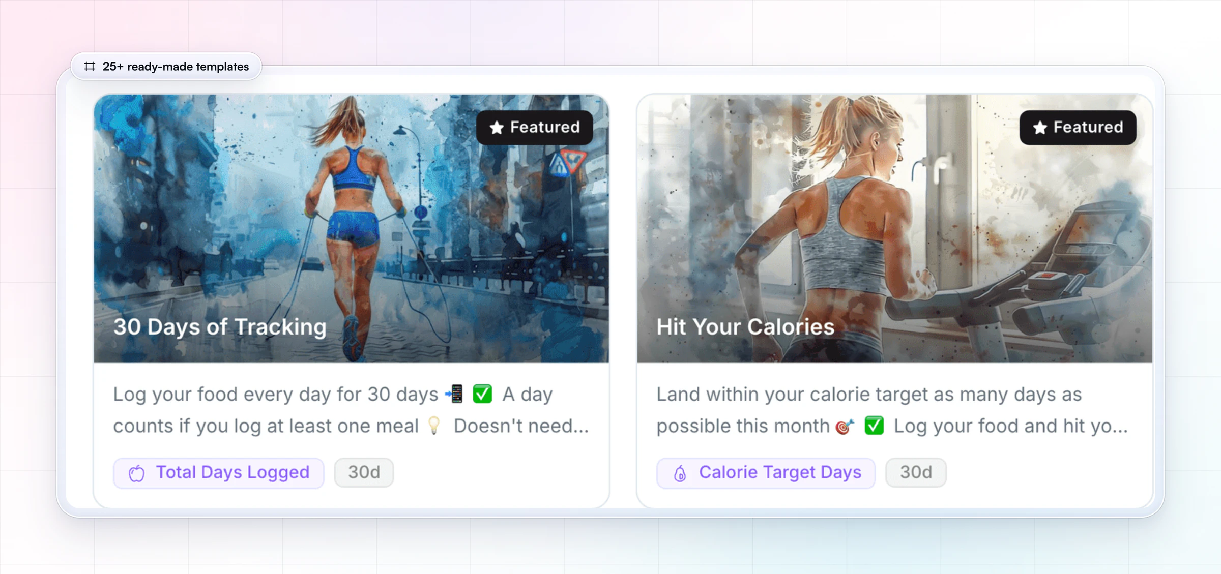 Ready-made challenge templates in HubFit's coach web app, such as 30 Days of Tracking and Hit Your Calories, each with its metric and length