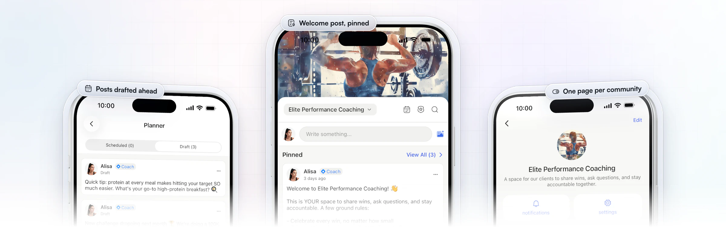 Running a community from the HubFit coach app on three iPhones: two posts drafted ahead in the community planner, the community's feed with the welcome post and its ground rules pinned, and the community's own page with its cover, name and description