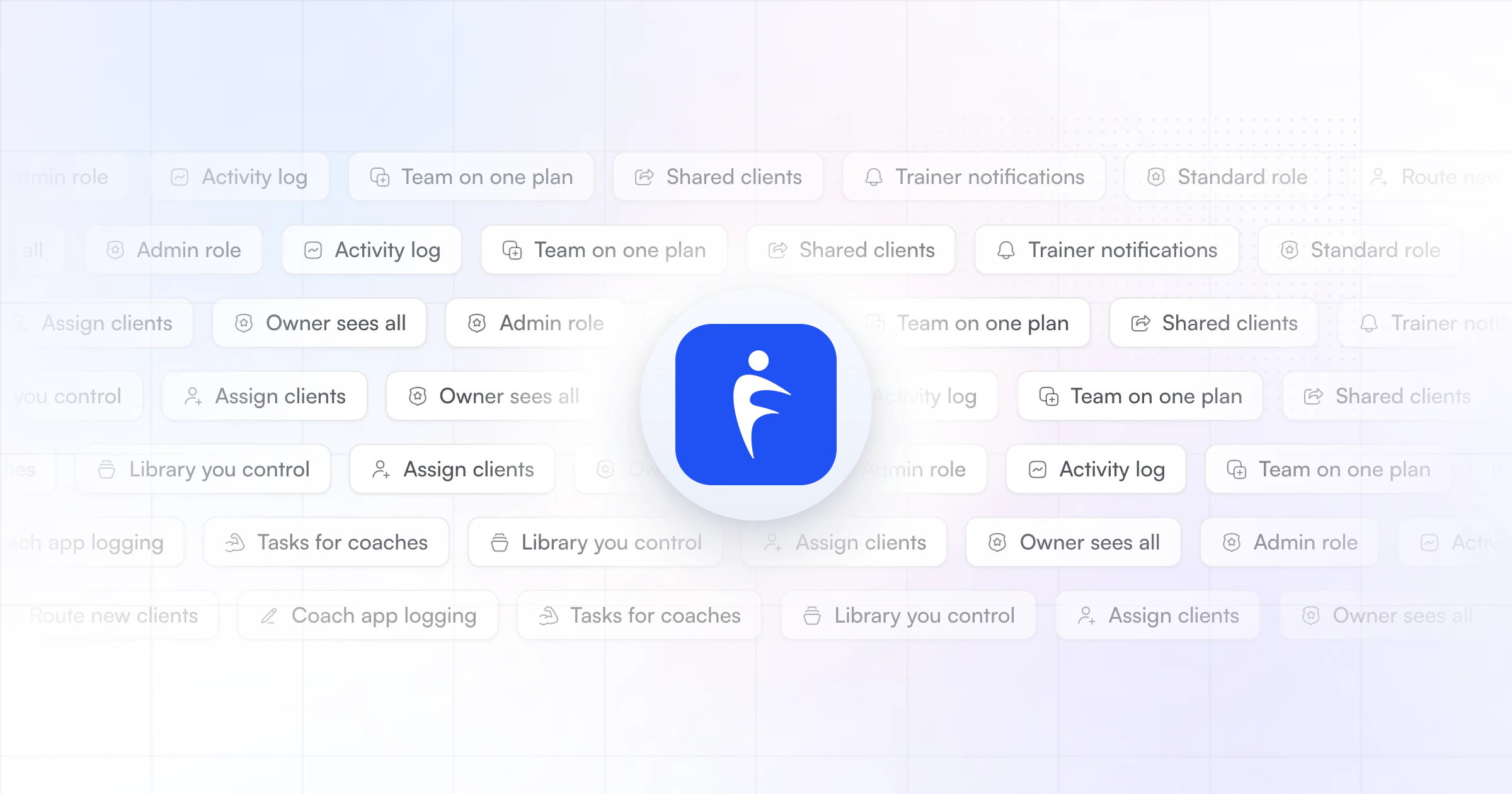 Rows of team management tools as soft tags, such as admin and standard roles, assigning clients, tasks for coaches and an activity log, around the HubFit app icon